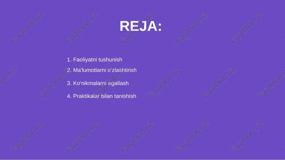 mustahkamlanadi. praktikalarga qatnashish orqali o'quvchilar professionallikni rivojlantirib, nazariy bilimlarni amaliy vazifalarda qo'llash imkoniyatiga ega bo'lishadi. malakalarni egallash davomida talantlar aniqlanadi va rivojlantiriladi. bu jarayon o'quvchilarning kelajakdagi ish faoliyatiga tayyorgarligini oshiradi va mustahkam bilim asosini yaratadi. praktikalar bilan tanishish 01 faoliyatni o'zlashtirish va malakalarni egallash jarayonida amaliy mashg‘ulotlar muhim rol o‘ynaydi. ular nazariy bilimlarni amalda tatbiq etadi. 02 amaliy mashg‘ulotlar orqali talabalar tajriba to‘playdi, ustozlar bilan ishlash malakasini oshiradi va professional ko‘nikmalarni mustahkamlaydi, o‘z ustida ishlash imkonini yaratadi. 03 shunday qilib, bu mashg‘ulotlar ta'lim jarayonining ajralmas qismi bo‘lib, kasbiy tayyorgarlikni yaxshilash va kelajakdagi faoliyat uchun tayyorlikni ta'minlaydi. amaliy mashg‘ulotlar faoliyatni o'zlashtirish va malakalarni egallash jarayonida, talaba yangi bilimlarni amaliyotga tatbiq etishni o'rganadi va tajriba orttiradi. bu jarayon rivojlanishda muhim ahamiyatga ega. fenomenlarni o‘rganish orqali talabalar muhitda yuzaga keladigan hodisalarni chuqur tushunib, ularning sabab va natijalarini anglab oladilar. bu, keyingi ilmiy izlanishlar uchun asos bo‘ladi. fenomenlarni o‘rganish shuningdek, o'zlashtirish va malakalarni egallash …