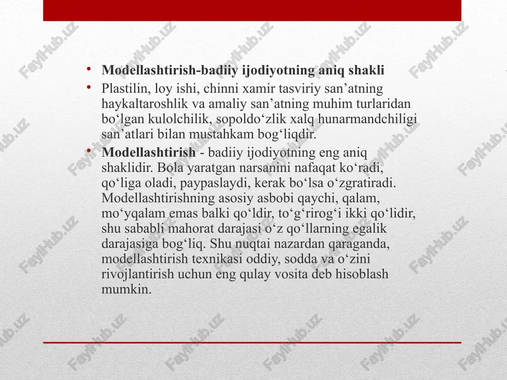 shdagi bolalar oson egallab olishadi . konstruktiv uslub modellashtirishning bu uslubi konstruktor qismlaridan kabi alohida qismlardan yaratiladi (nomi ham shundan kelib chiqqan). t arbiyachi dastavval bolalarning diqqatini o‘sha predmetning yirik qis mlariga, uning mayda qismlariga, shakliga, rangiga jalb etadi. dastlabki mashg‘ulotlarda tarbiyachi tasvirlashning texnik usullarini ko‘rsatib tushuntirib beradi. sh uningdek , tarbiyachi bolalarni loydan narsalar yasashda ko‘proq o‘yin usullaradan foydalanadi. bu guruhda loy mashg‘ulotlari predmetli xarakterga ega bo‘ladi, ya’ni bolalar alohida, yakka predmetlarni yasaydilar , bu guruhda bolalar ishiga yoki faoltyatiga baho berish ham muhim usullardan hisoblanadi . tarbiyachi albatta bolalarni, ular q anday ishlaganlarini va ishni qanday bajarganlarini aytib o‘tish lozim. /docprops/thumbnail.jpeg
