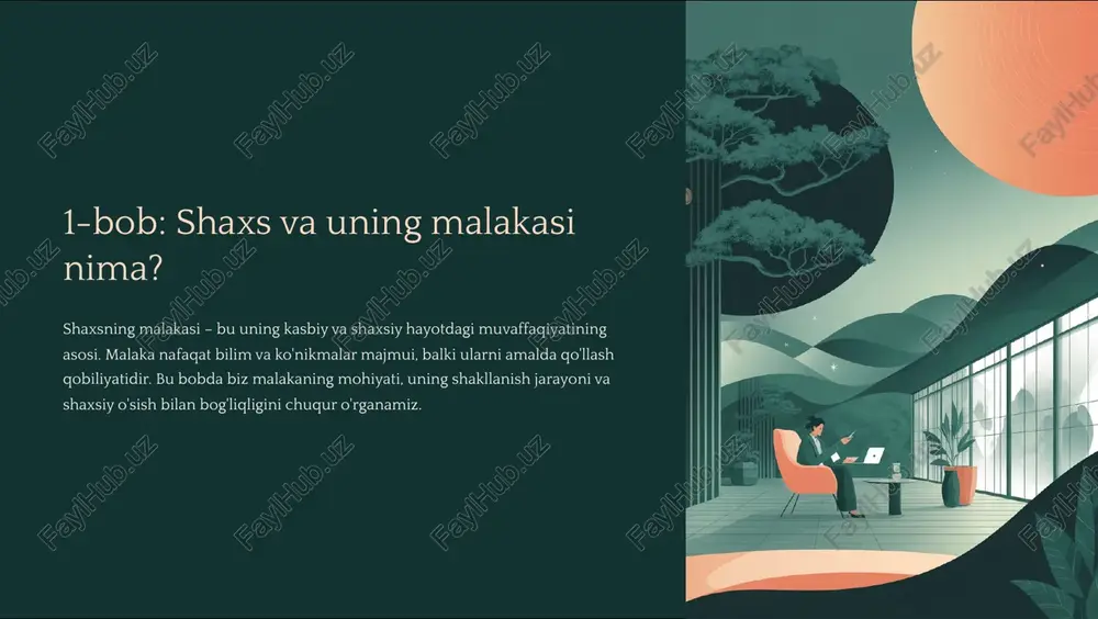 ojida muhim omillar hisoblanadi. bu omillar shaxsning o'z-o'zini rivojlantirish yo'lidagi asosiy qo'zg'atuvchilardir. bilim va ko'nikmalar 3 malaka poydevori har qanday malaka mustahkam bilim va amaliy ko'nikmalar asosida quriladi. doimiy o'rganish va amaliyot orqali professional darajaga erishish mumkin. 2-bob: odatlar va ularning shaxsga ta'siri odatlar 3 bu shaxsning kundalik hayotini shakllantiruvchi muhim elementlardir. ular ongli yoki ongsiz ravishda amalga oshiriladi va shaxsning xarakterini, kasbiy muvaffaqiyatini va umumiy hayot sifatini belgilaydi. bu bobda odatlarning mohiyati, ularning shakllanish mexanizmi va shaxsiy rivojlanishga ta'sirini o'rganamiz. odat nima va qanday shakllanadi? odatning ta'rifi odat 3 shaxsning takrorlanuvchi xatti-harakatlari bo'lib, ongli yoki ongsiz ravishda hosil bo'ladi. bu automatik javobi shakllantiradigan psixologik mexanizmdir. hayotga ta'siri odatlar shaxsning kundalik hayotini, ish faoliyatini va malaka darajasini bevosita belgilaydi. ular vaqt o'tishi bilan shaxsning xarakteriga aylanadi. ongli qaror yangi xatti-harakatni boshlash qarorini qabul qilish takrorlash harakatni muntazam ravishda takrorlash va mustahkamlash avtomatlashtirish harakat avtomatik holga o'tib, odat darajasiga yetadi integratsiya …