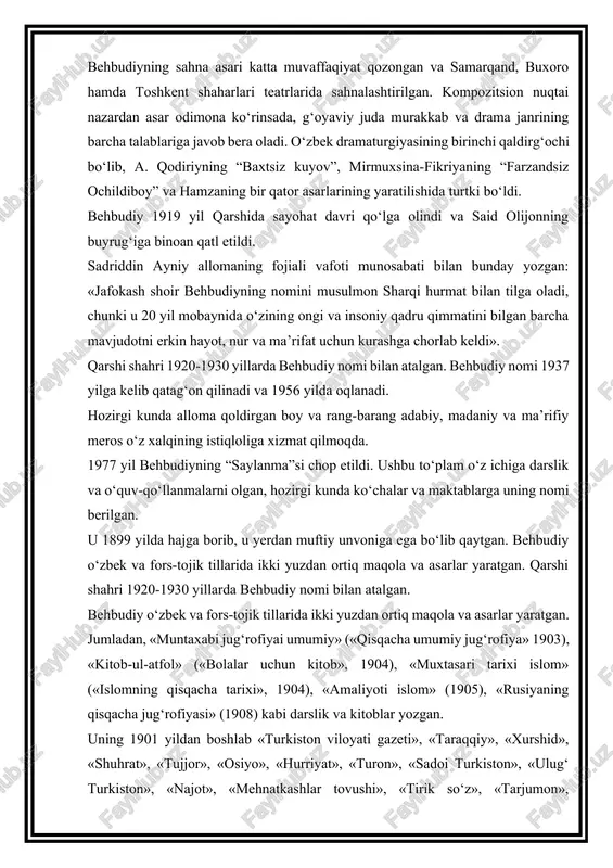 v”, mirmuxsina-fikriyaning “farzandsiz ochildiboy” va hamzaning bir qator asarlarining yaratilishida turtki bo‘ldi. behbudiy 1919 yil qarshida sayohat davri qo‘lga olindi va said olijonning buyrug‘iga binoan qatl etildi. sadriddin ayniy allomaning fojiali vafoti munosabati bilan bunday yozgan: «jafokash shoir behbudiyning nomini musulmon sharqi hurmat bilan tilga oladi, chunki u 20 yil mobaynida o‘zining ongi va insoniy qadru qimmatini bilgan barcha mavjudotni erkin hayot, nur va ma’rifat uchun kurashga chorlab keldi». qarshi shahri 1920-1930 yillarda behbudiy nomi bilan atalgan. behbudiy nomi 1937 yilga kelib qatag‘on qilinadi va 1956 yilda oqlanadi. hozirgi kunda alloma qoldirgan boy va rang-barang adabiy, madaniy va ma’rifiy meros o‘z xalqining istiqloliga xizmat qilmoqda. 1977 yil behbudiyning “saylanma”si chop etildi. ushbu to‘plam o‘z ichiga darslik va o‘quv-qo‘llanmalarni olgan, hozirgi kunda ko‘chalar va maktablarga uning nomi berilgan. u 1899 yilda hajga borib, u yerdan muftiy unvoniga ega bo‘lib qaytgan. behbudiy o‘zbek va fors-tojik tillarida ikki yuzdan ortiq maqola va asarlar …