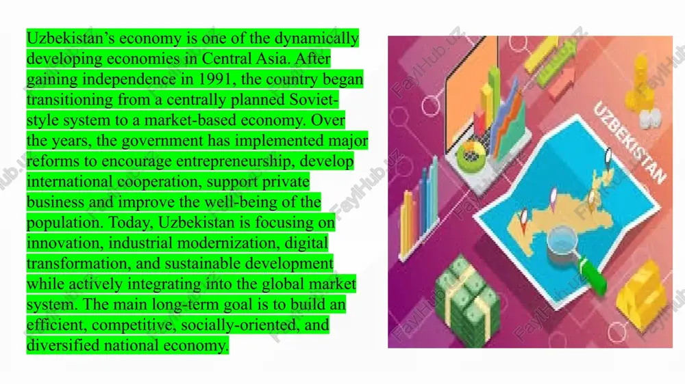 is sectoral diversification supports job creation and economic sustainability. 1 agriculture traditionally plays a major role in the economy and employs a large share of the workforce. uzbekistan is historically known as a cotton-producing country, however, in recent years diversification policies have reduced cotton dependency. 2 instead, fruits, vegetables, grapes, melons, dried fruits, and meat production have been prioritized due to high global demand. modern irrigation systems, greenhouse technologies, cluster systems, organic farming, and export-based agricultural strategies are being applied. 3 uzbekistan is now recognized as one of the leading exporters of fresh agricultural products to asia, europe, and the middle east. uzbekistan is developing new industrial clusters, free economic zones, and high-tech manufacturing industries. the country produces automobiles (chevrolet models), household appliances, chemical products, textiles, medicines, and electronics. rich mineral and energy resources provide opportunities for petroleum chemistry, metallurgy, and nuclear energy research. the government is also focusing on …