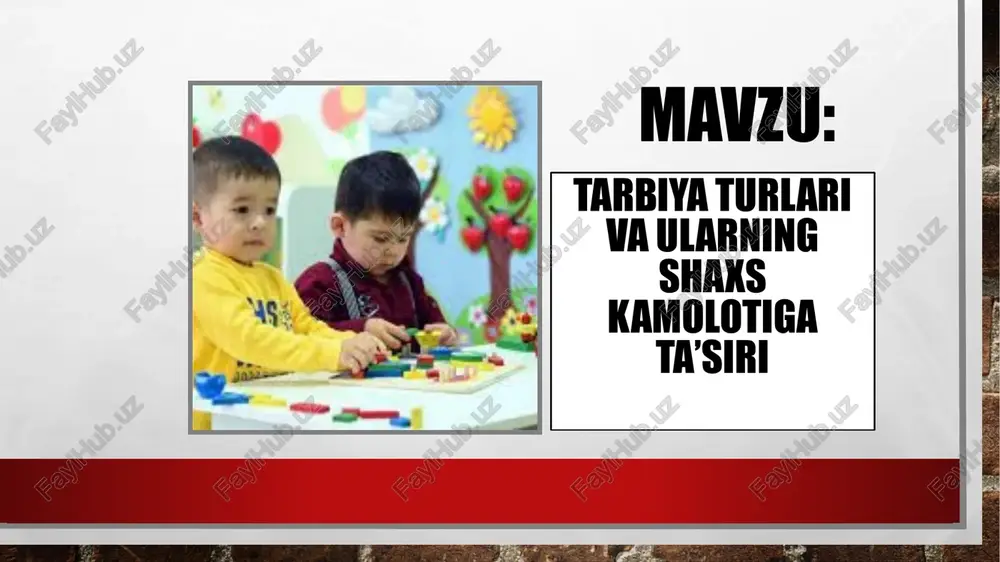 shini taʼminlash yoʻlida koʻriladigan chora tadbirlar yigindisi. tarbiya jarayoni mohiyati va uning jamiyat taraqqiyotidagi o‘rni. tor ma’nodagi tarbiya deganda pedagogik jarayon sharoitida ta’lim maqsadini amalga oshirish uchun pedagog va tarbiyalanuvchilarning maxsus tashkil etilgan faoliyati tushuniladi. ushbu holatda pedagoglarning tarbiyaviy faoliyati tarbiyaviy ish deb ataladi. keng ma’noda tarbiya shaxsga jamiyatning ta’sir etishi, ijtimoiy hodisa sifatida qaraladi. mazkur holatda tarbiya ijtimoiylashtirish bilan uyg‘unlashadi. tarbiyaning maqsadi – har tomonlama barkamol shaxsni shakllantirish. tarbiya mazmuni-deganda, qo‘yilgan maqsad va vazifalar bilan bog‘liqlikda ta’lim oluvchilarning egallashi lozim bo‘lgan bilim, malaka, e’tiqod, shaxs sifati va xarakteri, xulq-atvor tizimi tushuniladi. tarbiyaning umumiy vazifalari: jamiyat a’zolarining maqsadga yo‘naltirilgan rivojlanishi hamda ularning qator ehtiyojlarini qondirish uchun shart-sharoit yaratish; jamiyat rivoji uchun zarur bo‘lgan ijtimoiy madaniyatga mos etarlicha hajmdagi “inson kapitali”ni tayyorlash; madaniyatlarni uzatib turish orqali ijtimoiy hayotning barqarorligini ta’minlash; ma’lum jins yoshi va ijtimoiy-kasbiy guruhlarning qiziqishlarini hisobga olgan holda ijtimoiy munosabatlar doirasida jamiyat a’zolarining harakatini tartibga solish. 11 tarbiya jarayoni …