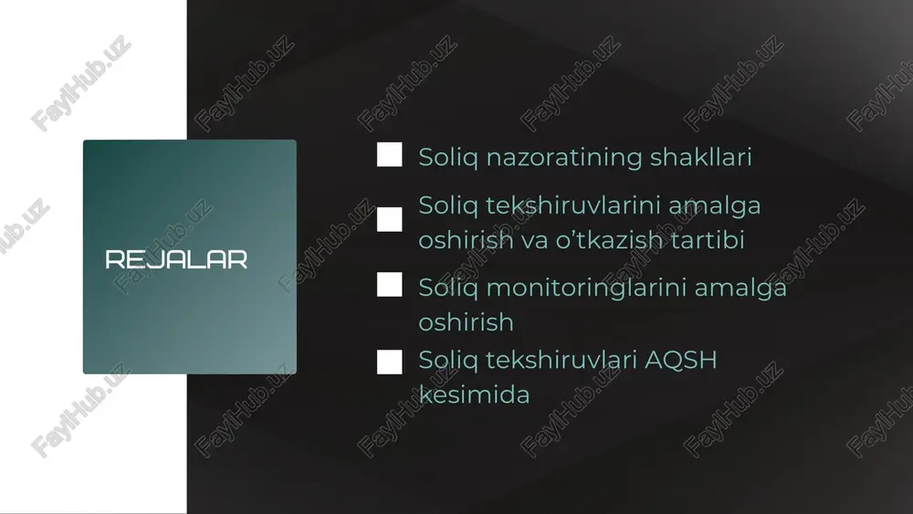 ning buyrug‘i asosida o‘tkaziladi. soliq tekshiruvi tugatilish sanasi. kameral soliq tekshiruvi o‘tkazilmasligi. tuzatishlar kiritish haqidagi talabnoma yuborilishi. soliq tekshiruvlarini amalga oshirish va o’tkazish tartibi sayyor soliq tekshiruvi xujjatlarning tahlilini o’tkazish kuzaztuv, tekshirish va boshqa amallarni bajarish. soliq tekshiruvining amalga oshirish muddati. 8 ta ilova orqali tekshiruv o’tkazish. tekshiruv soliq organi rahbarining buyrug‘i asosida o‘tkaziladi. soliq tekshiruvlarini amalga oshirish va o’tkazish tartibi soliq auditi o’tkazilish muddati va tartibi hisobotga o‘zgartishlar va qo‘shimchalar kiritilishi mumkin emas soliq auditini o’tkazishdagi cheklovlar. tekshiruvda hujjatlarni talab qilib olish. tekshiruvning uzaytirilishi soliq tekshiruvlarini amalga oshirish va o’tkazish tartibi soliq monitoring soliq monitoringi o‘tkaziladigan davr bu yuridik shaxs soliq organiga soliq monitoringini o‘tkazish to‘g‘risida ariza taqdim etgan yildan keyingi kalendar' yil hisoblanadi. soliq monitoringini o‘tkazish soliq monitoringi o‘tkaziladigan yilning 1 yanvaridan boshlanadi va soliq monitoringi o‘tkazilgan davrdan keyingi yilning 1 iyulida tugallanadi. soliq organi soliq monitoringini o‘tkazish bo‘yicha rejasini tuzadi. vakolatli mansabdor shaxslar tomonidan soliq monitoringini o‘tkazish …