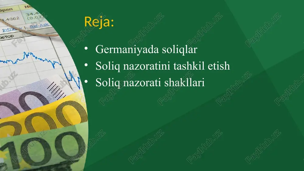 ee-power-point-templates.com germaniyada soliqlar bilvosita soliqlar bilvosita soliqlar tovar va xizmatlar narxiga qo‘shiladi, shuning uchun ularni iste’molchi to‘laydi. qo‘shilgan qiymat solig‘i (mehrwertsteuer, mwst) standart stavka – 19%. • imtiyozli stavka – 7% (oziq-ovqat mahsulotlari, kitoblar, tibbiy xizmatlar va boshqalar uchun). aktsiz solig‘i (verbrauchsteuer) aksiz tovar turlariga ko’ra stavka qo’llaniladi sug‘urta solig‘i (versicherungssteuer) ko‘pchilik sug‘urta turlariga (tibbiy va pensiyadan tashqari) tatbiq etiladi. • stavka 19% yoki pastroq bo‘lishi mumkin. this presentation uses a free template provided by fppt.com www.free-power-point-templates.com 6 germaniyada soliqlar boshqa soliqlar cherkov solig‘i (kirchensteuer) katolik yoki protestant cherkovi a’zolari tomonidan to‘lanadi. stavka 8–9%ni tashkil qiladi. it solig‘i (hundesteuer) it egalari tomonidan har yili to‘lanadi, miqdori hududga bog‘liq. qimmatli qog‘ozlar operatsiyalari solig‘i (finanztransaktionssteuer) moliyaviy operatsiyalarga qo‘llaniladi. this presentation uses a free template provided by fppt.com www.free-power-point-templates.com 7 soliq nazoratini tashkil etish bundesministerium der finanzen (bmf) yoki germaniya federal moliya vazirligi – bu germaniyaning markaziy hukumat idorasi bo‘lib, davlat moliyasi, soliq …