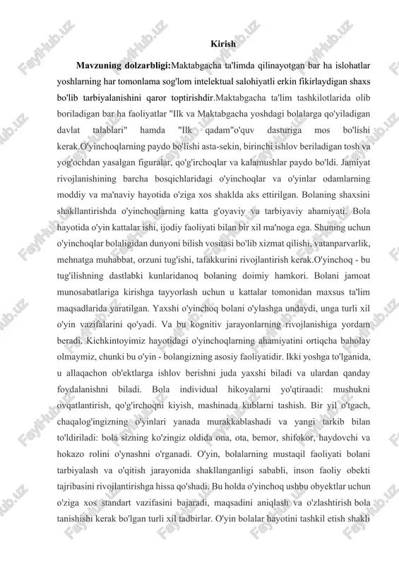 unga turli xil o'yin vazifalarini qo'yadi. va bu kognitiv jarayonlarning rivojlanishiga yordam beradi. kichkintoyimiz hayotidagi o'yinchoqlarning ahamiyatini ortiqcha baholay olmaymiz, chunki bu o'yin - bolangizning asosiy faoliyatidir. ikki yoshga to'lganida, u allaqachon ob'ektlarga ishlov berishni juda yaxshi biladi va ulardan qanday foydalanishni biladi. bola individual hikoyalarni yo'qtiraadi: mushukni ovqatlantirish, qo'g'irchoqni kiyish, mashinada kublarni tashish. bir yil o'tgach, chaqalog'ingizning o'yinlari yanada murakkablashadi va yangi tarkib bilan to'ldiriladi: bola sizning ko'zingiz oldida ona, ota, bemor, shifokor, haydovchi va hokazo rolini o'ynashni o'rganadi. o'yin, bolalarning mustaqil faoliyati bolani tarbiyalash va o'qitish jarayonida shakllanganligi sababli, inson faoliy obekti tajribasini rivojlantirishga hissa qo'shadi. bu holda o'yinchoq ushbu obyektlar uchun o'ziga xos standart vazifasini bajaradi, maqsadini aniqlash va o'zlashtirish bola tanishishi kerak bo'lgan turli xil tadbirlar. o'yin bolalar hayotini tashkil etish shakli sifatida muhimdir, chunki u bolaning psixologiyasiga va uning shaxsiyatiga xizmat qiladi. o'yin va o'yinchoq bir-biridan ajralmas. o'yinchoq hayotga o'yin olib kelishi mumkin, va o'yin …
