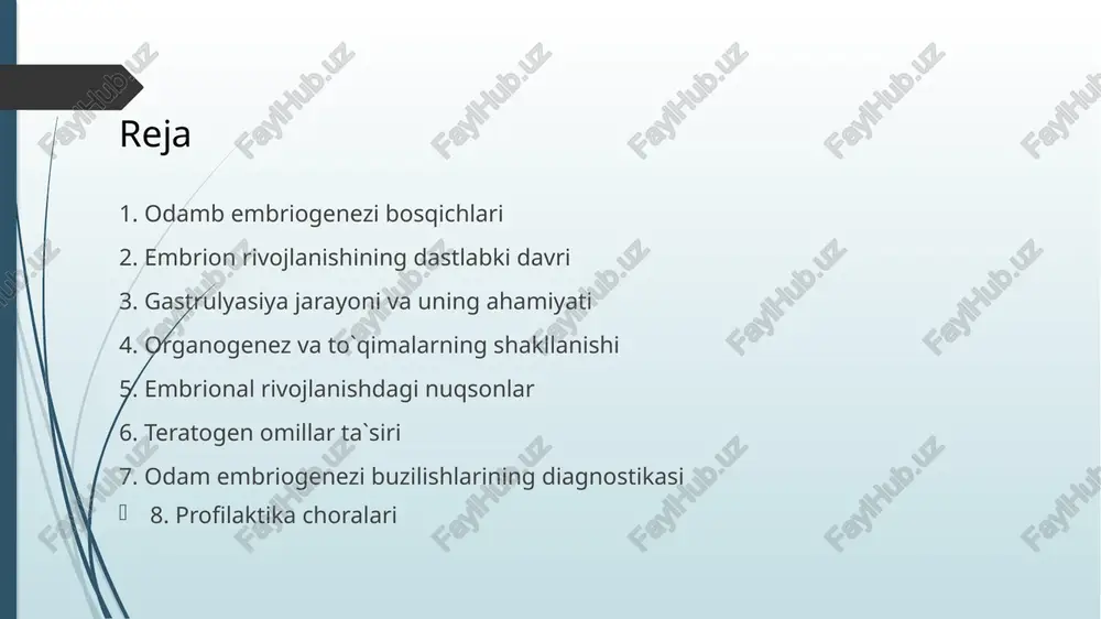 `tibor berishi kerak. embrion rivojlanishining dastlabki davri gastrulyasiya embrion rivojlanishining muhim bosqichi hisoblanadi. bu jarayonda embrioblast uchta qavatga – ektoderma, mezoderma va endodermaga ajraladi. ushbu qatlamlar kelajakda barcha organlar va to`qimalarning rivojlanishi uchun asos bo`ladi. gastrulyasiya jarayoni juda murakkab va aniq tartibga solingan. bu jarayonning buzilishi embrionning rivojlanishida jiddiy nuqsonlarga olib kelishi mumkin. gastrulyasiya tugallanishi bilan organogenez boshlanadi. bu jarayonning muhimligi, uning barcha asosiy organlarning shakllanishida rol o`ynashida. bu bosqichda paydo bo`ladigan har qanday anomaliyalar og`ir tug`ma nuqsonlarga olib kelishi mumkin. gastrulyasiya davri embrion rivojlanishining eng sezgir davri hisoblanadi. gastrulyasiya jarayoni va uning ahamiyati organogenez gastrulyasiyadan keyin boshlanadi va embrionning barcha organlarining shakllanishi bilan yakunlanadi. bu jarayon juda murakkab va ko`p bosqichli bo`lib, genetik dasturlar va hujayralararo o`zaro ta`sirlar bilan tartibga solinadi. organlarning shakllanishi to`qimalarning differentsiyasi va o`zaro ta`siri natijasida ro`y beradi. bu davrda xatoliklar jiddiy tug`ma nuqsonlarga olib kelishi mumkin. har bir organning shakllanishi genetik jihatdan dasturlashtirilgan. xujayralarning o`zaro …