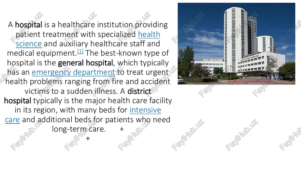 hospitals, children's hospitals, geriatric hospitals, and hospitals for specific medical needs, such as psychiatric hospitals for psychiatric treatment and other disease-specific categories. specialized hospitals can help reduce health care costs compared to general hospitals.[2] hospitals are classified as general, specialty, or government depending on the sources of income received. https://en.wikipedia.org/wiki/trauma_center https://en.wikipedia.org/wiki/trauma_center https://en.wikipedia.org/wiki/rehabilitation_hospital https://en.wikipedia.org/wiki/rehabilitation_hospital https://en.wikipedia.org/wiki/children%27s_hospital https://en.wikipedia.org/wiki/children%27s_hospital https://en.wikipedia.org/wiki/geriatric https://en.wikipedia.org/wiki/psychiatric_hospital https://en.wikipedia.org/wiki/psychiatric_hospital https://en.wikipedia.org/wiki/psychiatry https://en.wikipedia.org/wiki/health_care_costs https://en.wikipedia.org/wiki/hospital#cite_note-bbc1-2 a teaching hospital campus combines patient care with teaching to health science students, auxiliary healthcare students, and qualified medical graduates completing their postgraduate residencies before licensure to practice. a health science facility smaller than a hospital is generally called a clinic. hospitals have a range of departments (e.g. surgery and urgent care) and specialist units such as cardiology. some hospitals have outpatient departments and some have chronic treatment units. common support units include a pharmacy, pathology, and radiology. facilities that combine many health care functions, including general or specialized …