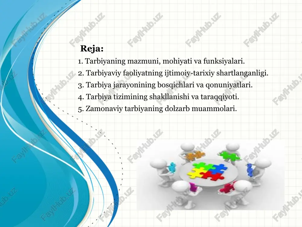 malaka, e’tiqod, shaxs sifati va xarakteri, xulq-atvor tizimi tushuniladi. tarbiyaning maqsadi tarbiyaning vazifalari 3. madaniyatlarni uzatib turish orqali ijtimoiy hayotning barqarorligini ta’minlash; 2. jamiyat rivoji uchun zarur bo’lgan ijtimoiy madaniyatga mos etarlicha hajmdagi “inson kapitali”ni tayyorlash; 1. jamiyat a’zolarining maqsadga yo’naltirilgan rivojlanishi hamda ularning qator ehtiyojlarini qondirish uchun shart-sharoit yaratish; 4. ma’lum jins yoshi va ijtimoiy-kasbiy guruhlarning qiziqishlarini hisobga olgan holda ijtimoiy munosabatlar doirasida jamiyat a’zolarining harakatini tartibga solish. tarbiya qonuniyatlari 3. psixologik qonuniyat: tarbiyada shaxsning psixologik xususiyatlari, individual farqlari, motivatsiyalari va ehtiyojlari inobatga olinadi. har bir shaxsning rivojlanish jarayoni o'ziga xos bo'lib, tarbiyachilar bu jihatlarni hisobga olishlari zarur. 2. ijtimoiy qonuniyat: tarbiya shaxsni jamiyatda yashashga tayyorlash, uning ijtimoiy faoliyatini rag'batlantirish uchun muhimdir. bu qonuniyat ijtimoiy munosabatlar, an'analar va qadriyatlar orqali amalga oshiriladi. jamiyatning tarbiyaviy xususiyatlari, uning tarbiya jarayoniga ta'sir etadi. 1. ma'naviy qonuniyat: tarbiyaning asosiy maqsadi shaxsning ma'naviy qadriyatlarini shakllantirishdir. bu jarayon o'z ichiga ahloqiy, estetik, intellektual va ruhiy …