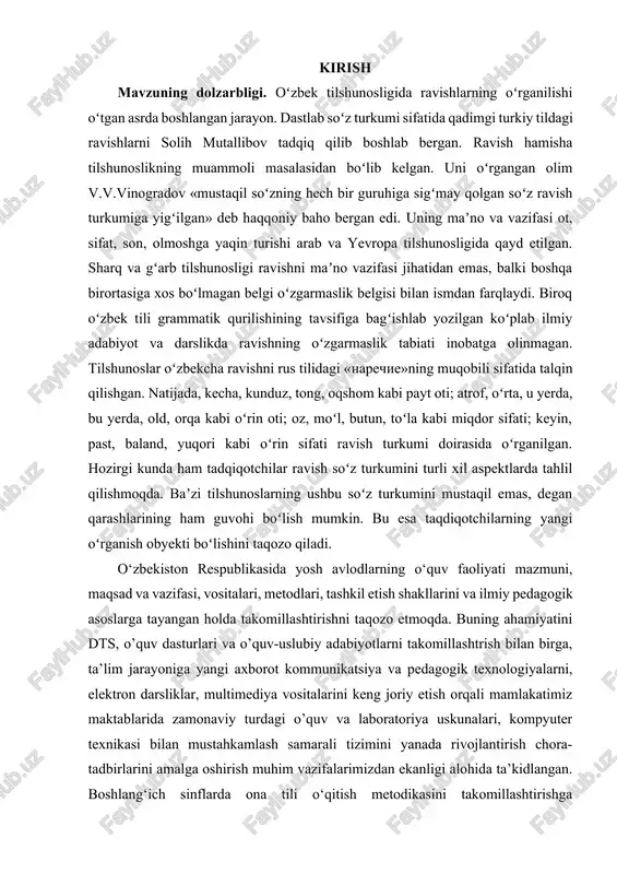 si, vositalari, metodlari, tashkil etish shakllarini va ilmiy pedagogik asoslarga tayangan holda takomillashtirishni taqozo etmoqda. buning ahamiyatini dts, o’quv dasturlari va o’quv-uslubiy adabiyotlarni takomillashtrish bilan birga, ta’lim jarayoniga yangi axborot kommunikatsiya va pedagogik texnologiyalarni, elektron darsliklar, multimediya vositalarini keng joriy etish orqali mamlakatimiz maktablarida zamonaviy turdagi o’quv va laboratoriya uskunalari, kompyuter texnikasi bilan mustahkamlash samarali tizimini yanada rivojlantirish chora-tadbirlarini amalga oshirish muhim vazifalarimizdan ekanligi alohida ta’kidlangan. boshlang‘ich sinflarda ona tili o‘qitish metodikasini takomillashtirishga bag‘ishlangan adabiyotlar tahlili psixologik-pedagogik tadqiqotlarda boshlang‘ich sinflarda ona tili o‘qitish samaradorligini oshirishning birinchidan, axborotlarni boyitib borish orqali ta‘lim mazmunini o‘zgartirish, didaktik elementlarni kattalashtirib o‘zlashtirish, (b.p.erdniyev, p.m.erdniyev), har bir fanning asosiy g‘oyasini ajratish (i.d.zverev, v.n.maksimova, r.a. mavlonova, a.abduqodirov, a.m.markushevich) nazariy bilimlarning rolini oshirish (v.v. davidov, a.k. markova, j. ikromov, a.m. pishkalo, l.sh.levenberg, n.u.bikbayeva, e.yangibayeva, m.axmedov) yo‘nalishlarida amalga oshirilgan. boshlang‘ich sinf uchun darslik va o‘quv qo‘llanmalari (k.qosimova, r.a. mavlonova, l.sh. levenberg), o‘qituvchilar uchun qo‘llanmalar (m.i. mopo, a.m. pishkalo, l.sh.levenberg, …