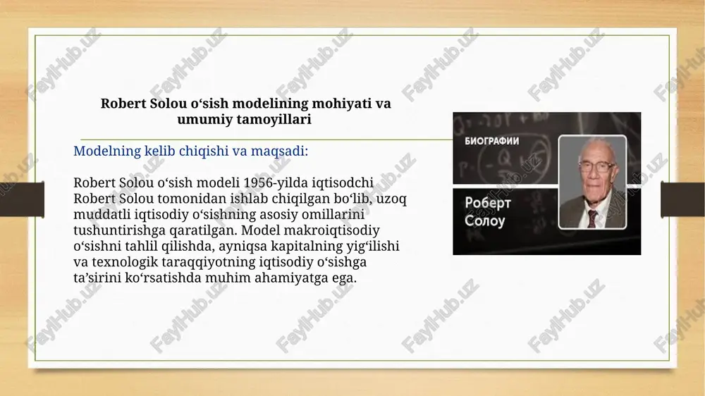 pital va texnologik taraqqiyotga ta’siri kapitalning ta’siri: solou modelida kapitalning o‘sishi iqtisodiy o‘sish uchun muhimdir. kapitalning ortishi ishlab chiqarish hajmini oshiradi, ammo uning ta'siri chegaralidir, chunki kapitalning har bir qo‘shimcha birligi ishlab chiqarishda kamayib boruvchi qaytish bilan ta'sir qiladi. bu degani, har bir yangi kapital birligining qo‘shilayotgan hissasi boshlang‘ich kapitalga qaraganda kichikroq bo‘ladi. mehnatning ta’siri: mehnat resurslarining o‘sishi iqtisodiy o‘sishga ijobiy ta'sir ko‘rsatadi. biroq, bu ta'sir kapital va texnologik taraqqiyotdan kamroq ahamiyatga ega, chunki mehnatning samaradorligi, ya'ni mehnat unumdorligi o‘sishi uchun texnologik taraqqiyot zarur. mehnatning o‘sishi modellarda iqtisodiy o‘sishga faqat qisqa muddatda ta'sir qiladi. texnologik taraqqiyotning ta’siri: texnologik taraqqiyot solou modelida iqtisodiy o‘sishning asosiy omili hisoblanadi. texnologiya ishlab chiqarish samaradorligini oshiradi va kapital va mehnatning samarali ishlashiga yordam beradi. modelga ko‘ra, uzoq muddatda iqtisodiy o‘sish faqat texnologik taraqqiyotga bog‘liq bo‘ladi, chunki kapital va mehnatning chegaraviy samaradorligi vaqt o‘tishi bilan kamayadi. modelning amaliy qo‘llanilishi va cheklovlari amaliy qo‘llanilishi: iqtisodiy siyosat: solou …