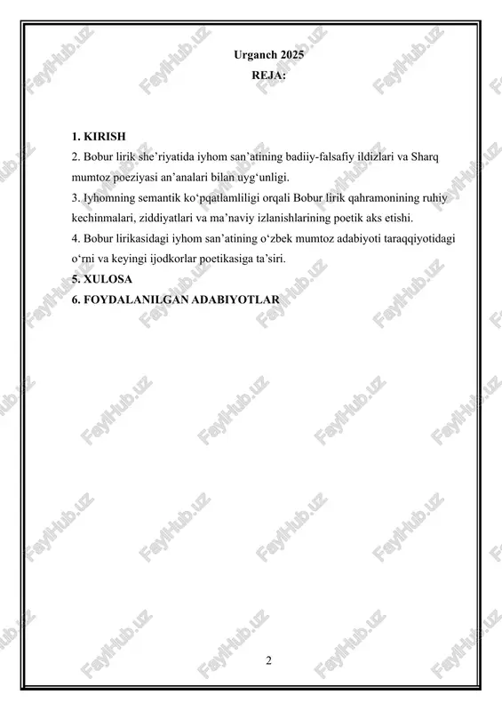 uviga aylantiradi[footnoteref:1]. [1: vohidov r., eshonqulov h. o‘zbek mumtoz adabiyoti tarixi. -toshkent: yangi asr, 2006.] bobur lirikasi — shoirning murakkab tarixiy taqdiri, siyosiy kurashlar, g‘urbat, musofirlik, yo‘qotishlar va izlanishlar bilan to‘la hayotining badiiy aksidir. shoirning hayot yo‘li siyosiy sarsongarchiliklar, jangu-jadallar, sarson-sargardonliklar bilan kechgani bois, uning lirik asarlari oddiy muhabbat yoki maishiy kechinmalardan iborat emas, balki chuqur ruhiy tahlil, falsafiy mushohada va badiiy ifodaning nozik uyg‘unligidan iboratdir. shuning uchun iyhom san’ati bobur ijodida g‘oyat tabiiy ravishda namoyon bo‘ladi — u yashirin ma’nolar orqali shoirning ichki olamini to‘laqonli ochadi, bir qarashda sodda tuyuladigan misralarni boy semantik qatlamlar bilan to‘ldiradi. iyhom san’atining bobur she’riyatidagi asosiy vazifasi — lirik kechinmalarni ko‘p ma’nolilik orqali chuqurlashtirish, shoirning ruhiy holatini yashirin, ammo kuchli poetik ishora orqali ifodalashdir. ayniqsa, boburning muhabbat, sof ruhiyat, hijron, vatan sog‘inchi mavzularidagi she’rlarida iyhomning betakror poetik imkoniyatlari namoyon bo‘ladi. bobur ijodida iyhomning qo‘llanishi uning poetik tafakkuri yuksak darajada rivojlanganligini ko‘rsatadi. shoir so‘zning tashqi …