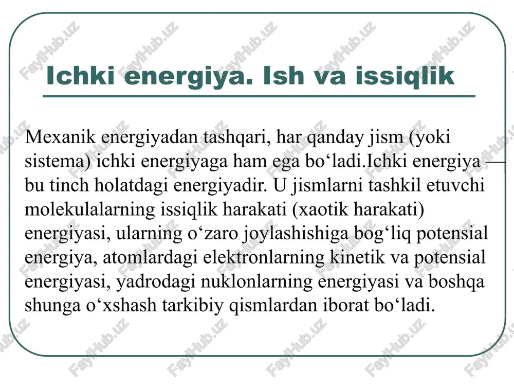 di: u — bu sistemaning holat funksiyasi,du — uning to‘liq differensiali,ammo δq (issiqlik miqdori) va δa (ish) to‘liq differensial emas, ya’ni ular jarayonning qanday kechishiga bog‘liq bo‘ladi.. 7 termodinamikada aylanma yoki siklik jarayonlar alohida ahamiyatga ega. bunday jarayonlarda sistema bir qancha oraliq holatlarni bosib o‘tib, o‘zining dastlabki holatiga qaytadi. 8 termodinamikaning birinchi qonunidan sikl uchun; ya’ni, sistema tomonidan sikl davomida bajarilgan ish tashqaridan berilgan issiqlikka teng bo‘ladi.shuning uchun, tashqaridan berilgan energiyadan ko‘proq ish bajaruvchi davriy ishlovchi dvigatelni yaratish mümkin emas.bu termodinamikaning birinchi qonunining bir ifodasi bo‘lib, u quyidagicha aytiladi:👉 “birinchi turdagi abadiy dvigatelni yaratish mumkin emas.” 9 ideal gazning issiqlik sig'imi. mayer tenglamasi jismning issiqlik sig‘imi — bu jismni bir darajaga qizdirish uchun zarur bo‘lgan issiqlik miqdori bilan tavsiflanadi. solishtirma issiqlik sig‘imi — bu moddaning bir birlik massasini 1 °c (yoki 1 k) ga qizdirish uchun kerak bo‘lgan issiqlik miqdoridir. 10 gazlar uchun molyar issiqlik sig‘imi (cμ) dan foydalanish qulay …