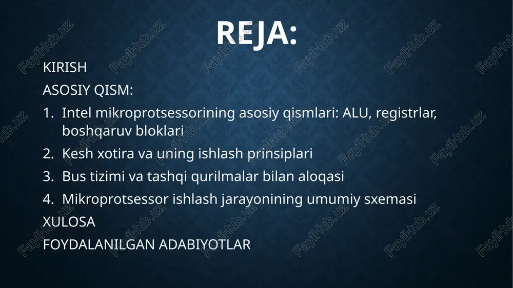 ish) va mantiqiy operatsiyalar (and, or, not, xor)ni bajaradi. shuningdek, u solishtirish, siljitish va bitli operatsiyalarni ham amalga oshiradi. mikroprotsessorning tezligi va ishlash samaradorligi ko‘p jihatdan aluning ichki arxitekturasi va optimizatsiya darajasiga bog‘liq. registrlar registrlar – bu mikroprotsessor ichidagi yuqori tezlikdagi vaqtinchalik xotira bloklari bo‘lib, ma’lumotlarni vaqtincha saqlash va ishlash jarayonida tezkor uzatish vazifasini bajaradi. registrlar asosan ikkita turga bo‘linadi: ma’lumot registrlari (data registers) va manzil registrlari (address registers). ma’lumot registrlari alu bilan ishlashda kerakli operandlarni saqlaydi, manzil registrlari esa xotira manzillarini belgilashda ishlatiladi. registrlarning mavjudligi va ularning hajmi mikroprotsessorning ishlash samaradorligini oshiradi. boshqaruv bloki (control unit, cu) mikroprotsessorning barcha qismlarini muvofiqlashtirib, buyruqlarni qabul qilish, dekodlash va bajarish jarayonini boshqaradi. u buyruqlar zanjirini nazorat qiladi, alu va registrlar bilan aloqani tashkil qiladi, shuningdek, tashqi qurilmalar bilan ma’lumot almashishni muvofiqlashtiradi. boshqaruv blokining samarali ishlashi mikroprotsessorning to‘liq va xatolarsiz ishlashini ta’minlaydi. intel mikroprotsessorining asosiy qismlari – alu, registrlar va boshqaruv bloklari – …