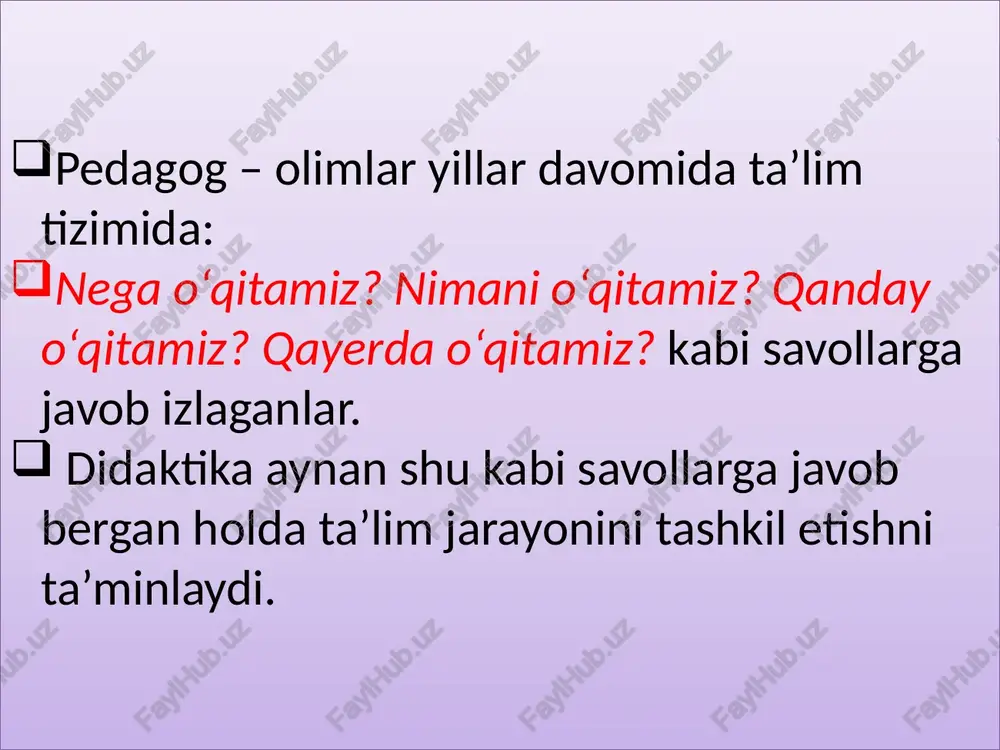o‘yilgan maqsadni samarali amalga oshirish uchun unga zaruriy shaklni taqdim etadigan, aniq mezonlar bo‘yicha tartiblangan didaktik jarayon. ta’lim shakli ta’lim jarayonining tashkiliy qurilishi ta’lim metodlari ta’lim jarayonida qo’llanilib, uning samarasini ta’minlovchi uslublar majmui ta’lim vositalari ta’lim samaradorligini ta’minlovchi ob’ektiv (darslik, o’quv qo’llanmalari, o’quv qurollari, xarita, diagramma, plakat, rasm, chizma, dioproektor, magnitafon, videomagnitafon, uskuna, televizor, radio, kompyuter va boshqalar) va sub’ektiv (o’qituvchining nutqi, namunasi, muayyan shaxs hayoti va faoliyatiga oid misollar va hokazolar) omillar ta’lim natijasi ta’lim yakunining mohiyatini qayd etuvchi tushuncha; o’quv jarayonining oqibati; belgilangan maqsadni amalga oshirish darajasi. ushbu jarayonni tashkilotchi-sidir. o‘qituvchi zimmasidagi vazifalar: faoliyatida o‘z-o‘zi­ni faollashtira olishi, ijod­korligi, yaratuvchanligi, mulo­qotchanligi, bilim saviyasi, ruxiy xolatini boshqara oli­shi va boshqalar. o‘qituvchi ta’lim jarayo-nini xarakat-lantiruvchi kuch yaqin o‘tmishda talim oluvchining talim jarayonidagi ishtiroki nazariy bilimlarni qabul qilib oluvchi va o‘zlashtirgan nazariy bilimlar, amaliy ko‘nikmalarni namoyish etuvchi obyekt sifatida­gi roli bilan kifoyalangan. hozir yetakchi subyekt sifatida o‘qituvchi uzatgan axborotlarni qayta ishlab, yo‘llanma, …