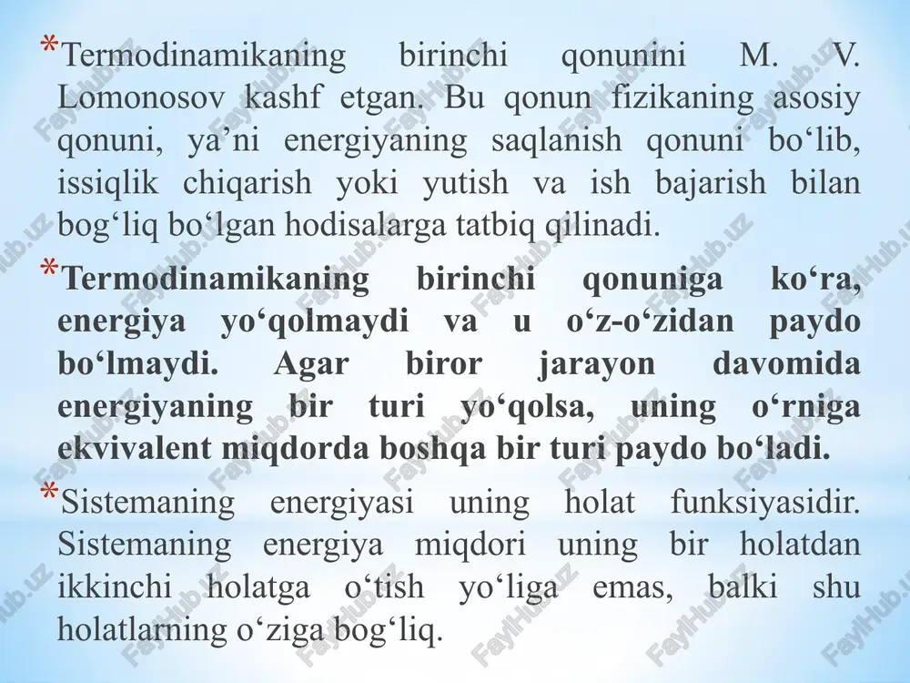 si quvidagicha bo'ladi: demak, issiqlik dvigatellarida gaz temperaturasi qancha yuqori bo'lsa, uning bajaradigan ishi ham shuncha katta bo'ladi. shunga ko'ra mashina dvigateli silindrida yonadigan yoqilg'i turiga qarab silindr ichida turli temperatura hosil bo'ladi. masalan, a— 80 markali benzinga nisbatan, a— 91 yoki a—93 benzinlarining yonish temperaturasi baland. shuning uchun avtomobilga quyilgan benzin sifatiga qarab dvigatel quvvati har xil bo'ladi. yuqorida ko'rilgan tajribada gaz temperaturasi t1 dan t2 ga ortganligi tufayli uning ichki energiyasi ham a u= u2 – u1 ga ortdi. shunday qilib, gazga berilgan issiqlik miqdori q, gazning ichki energiyasini oshirishga hamda gazning tashqi kuchlarga qarshi ish bajarishiga sarflanar ekan termodinamikaning birinchi qonuni issiqlik jarayonlari uchun energiyaning saqlanish qonuni hisoblanadi. bu qonunni xix asr o'rtalarida aslida shifokor bo'lgan nemis olimi r. mayer (1814—1878), ingliz olimi d. joul (1818-1898) kashf etgan. nemis olimi g. gelmgols (1821— 1894) o'z asarlarida uni yanada to'laroq ta'riflab bergan masala yechish namunasi dvigatelda yoqilg'ining yonish …