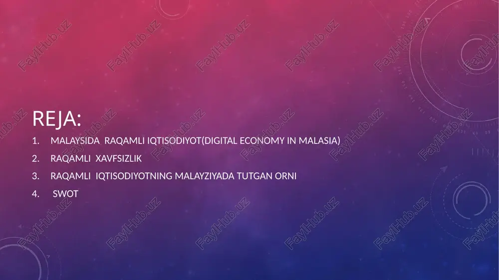 hiqadi. bosh vazir devoni – kiberxavfsizlik qoidalarini boshqaradi. hukumat amaldorlari ma'lumotlar markazlari, 5g telekom tarmoqlari, kiberxavfsizlik va ai investitsiyalariga raqamli infratuzilma investitsiyalarining tez o'sishini hisobga olgan holda malayziyani asean digital economy hub sifatida targ'ib qilmoqdalar. malayziya hukumati, shuningdek, raqamli qabul qilishni kuchaytirish va professional harakatchanlik va turizmni rivojlantirish bilan birga, mamlakatni aseanning etakchi raqamli ko'chmanchi markazi sifatida targ'ib qilishni maqsad qilgan malayziya elektron hamyon to‘lovlari bo‘yicha eng yuqori tarqalish darajalaridan biriga ega bo‘lib, foydalanuvchilarga smartfon va kompyuterlar orqali onlayn tranzaktsiyalarni amalga oshirish imkonini beradi. shuningdek, mamlakatning 5g tarmog‘i yuklash va yuklab olish tezligi jihatidan asean mintaqasidagi yetakchi tarmoqlardan biri sifatida baholanadi malayziya raqamlashtirish darajasi bo‘yicha ham yuqori o‘rinda turadi: internetga kirish darajasi – 97 foizdan yuqori mobil telefonlardan foydalanish – 130 foizga yaqin malayziya raqamli iqtisodiyoti korporatsiyasi (mdec) 2022-yilda raqamli iqtisodiyot mamlakat yaimining 23 foizini tashkil qilganini qayd etdi. ushbu ulushning 2025-yilga borib 25 foizdan oshishi prognoz qilinmoqda. malayziya, shuningdek, …