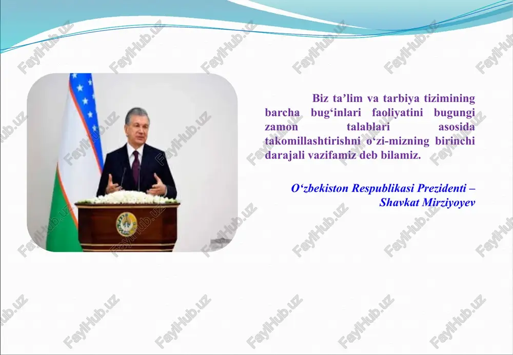 rivojlantirish, kitob mutolaasi va kitobxonlik madaniyatini oshirish hamda targ‘ib qilish bo‘yicha kompleks chora-tadbirlar dasturi to‘g‘risida»gi pq-3271-son qarori 2017 yil 30 sentyabrdagi «o‘zbekiston respublikasi xalq taʼlimi vazirligi faoliyatini takomillashtirish to‘g‘risida» pq-3304-son qarori 2017 yil 30 sentyabrdagi «o‘zbekiston respublikasi maktabgacha taʼlim vazirligi faoliyatini tashkil etish to‘g‘risida» pq-3305-son qarori 5 2017 yil 15 sentyabrdagi «nodavlat taʼlim xizmatlari ko‘rsatish faoliyatini yanada rivojlantirish chora-tadbirlari to‘g‘risida»gi pq-3276-son qarori 7 8 taʼlim-tarbiya jarayonlarini tashkil etishning yangi qonunchilik normalari professional taʼlim tizimini yanada takomillashtirishga doir qo‘shimcha chora-tadbirlar to‘g‘risi da” 2019 yil 6 sentyabrdagi pf-5812-son farmoni 11 o‘zbekiston respublikasining qonuni “taʼlim to‘g‘risida”gi qonun (o‘rq–637, 23.09.2020) 10 o‘zbekiston respublikasi oliy taʼlim tizimini 2030 yilgacha rivojlantirish konsepsiyasi o‘zbekiston respublikasi prezidentining 2019 yil 8 oktyabrdagi pf-5847-son farmoni 13 o‘zbekiston respublikasi xalq taʼlimi tizimini 2030 yilgacha rivojlantirish konsepsiyasi o‘zbekiston respublikasi prezidentining 2019 yil 29 apreldagi pf-5712-son farmoni 12 taʼlim to‘g‘risidagi qonunlar 1) 1930 yilda (umumiy majburiy boshlang‘ich taʼlim, 1934 yilda 10 yillik taʼlim …
