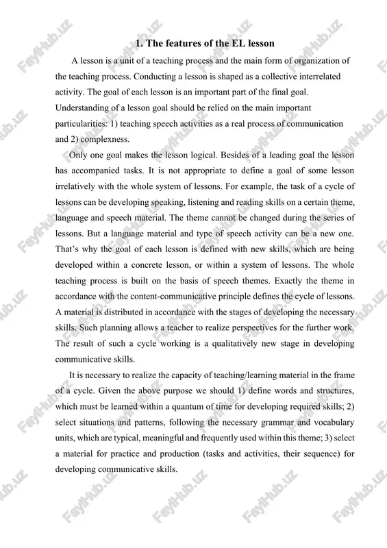 ful and frequently used within this theme; 3) select a material for practice and production (tasks and activities, their sequence) for developing communicative skills. the cycle can consist of 3-6 lessons (the early stage – 2-3 lessons, 5-9 forms – 5-6 lessons). all capacity of the work is distributed into the cycle. for illustration the sample of distribution of the teaching material is shown. lesson1: presentation of a new theme; new vocabulary; structures; or stimulus for conversation; the text for listening with questions. a new material is presented by the teacher and repeated by students. it is recommended to present a new material at the beginning of the lesson, because it gives an opportunity to have time for practice this material and assess the learners’ achievements. lesson2: working on a grammar material and skimming reading. lesson 3: active working on speech (dialogues, conversation, and retelling; making analogous text; creating a …