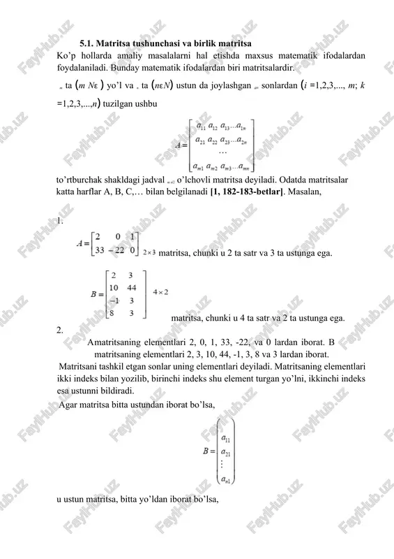 indisidan tashkil topgan matritsa a va b matritsalar yig’indisi deyiladi va a b+ kabi yoziladi. [1, 184-bet] (a+b)ij = aij +b yigindining ijij -elementi =ij-elemenetlar yigindisiga a va b matritsalarning mos elementlarining ayirmasidan tashkil topgan matritsa a va b matritsalar ayirmasi deyiladi va a b- kabi yoziladi. (a b- )ij = -aij b ayirmaning ij elementiij - = -ij elemenetlar ayirmasiga masalan, [1, 184-bet] aytaylik, a matritsa hamda c son berilgan bo’lsin. bu matritsaning har bir elementini c songa ko’paytirishdan hosil bo’lgan matritsa c son bilan a matritsa ko’paytmasi deyiladi va c a· kabi belgilanadi [1, 186-187-betlar] : masalan, ikki a va b matritsalarning ko’paytmasi tushunchasi birinchi matritsaning ustunlar soni ikkinchi matritsaning yo’llar soniga teng bo’lgandagina kiritiladi. aytaylik, m n o’lchovli matritsa hamda n k o’lchovli matritsalar berilgan bo’lsin. a matritsaning i- yo’lda joylashgan elementlarini mos ravishda b matritsaning j - ustunida joylashgan. ko’paytirib [1, 195-bet] yig’indini hosil qilamiz. bu …