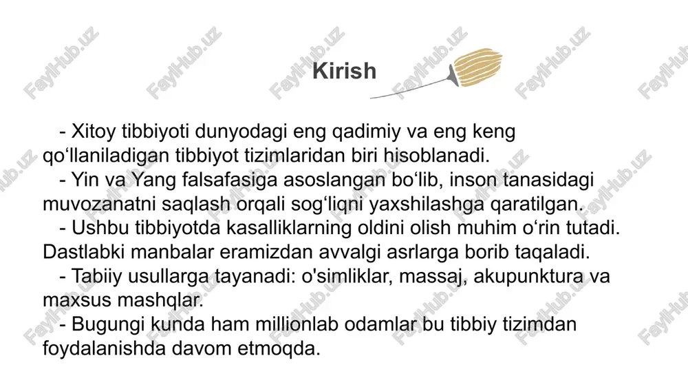 ura: bu usulda tanadagi muayyan energiya nuqtalariga ingichka ignalar kiritiladi. akupunktura orqali "qi" energiyasi oqimini muvozanatlashtirish va organizmning o‘zini tiklashiga yordam beriladi. u nafaqat og‘riqni kamaytirish, balki turli kasalliklarni davolashda ham qo‘llaniladi. - fitoterapiya: o'simliklardan tayyorlangan dori vositalari bilan davolash xitoy tibbiyotining asosiy usullaridan biridir. minglab dorivor o‘simliklar mavjud bo‘lib, ular har biri o‘ziga xos xususiyatlarga ega. - qigong: bu nafas olish va tana harakatlari orqali ichki energiyani mustahkamlashga yo‘naltirilgan mashqlar tizimi. qigong tanani kuchaytirish va sog‘lom energiya oqimini qo‘llab-quvvatlash uchun ishlatiladi. - tui na: bu massaj turi tanadagi energiya kanallarini ochish, og'riq va stressni kamaytirish uchun qo‘llaniladi. --- mashhur xitoy tibbiy davolovchilar - hua tuo (eramizning 140-208 yillari): akupunktura va jarrohlik amaliyotini rivojlantirgan. u narkoz qo‘llab jarrohlik amaliyotlari qilgan ilk shifokorlardan biri bo‘lgan. hua tuo, shuningdek, dorivor o‘simliklardan tayyorlangan dori-darmonlarni ishlatgan. - zhang zhongjing: "shanghan lun" (sovuq va issiq kasalliklar kitobi) deb nomlangan asari bilan mashhur. ushbu kitobda epidemiya …