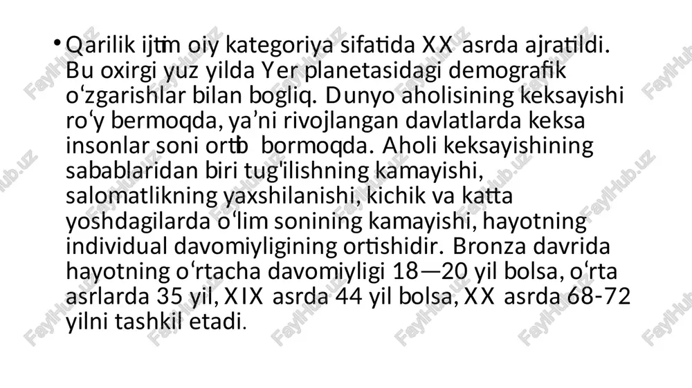 rni yaxshiroq bajarishi aniqlandi (craik & mcdowd, 1987). ular materialni xotirada saqlash uchun ko‘proq tanlovchanlikni namoyon qiladi. qariyalarda foydasiz so‘zlar ro‘yxatini eslab qolish ichki isyonni keltirib chiqaradi. shu bilan bogliq ravishda ma’nosiz so‘zlarni eslab qolishga bag‘ishlangan tadqiqotlarda ular quyi natijalarni namoyon etishgan, ma’noli so‘zlarni, qiziqarli iboralarni eslashda keksalar yoshlarga qaraganda yaxshi natija ko'rsatishgan (meyer, 1987). qator olimlar tomonidan o‘tkazilgan tadqiqotlardan ma’lum bo’lishicha, qariyalar ular uchun muhim hisoblangan va hayotda kerak boladi, deb o‘ylangan materialni yaxshiroq eslab qoladilar. uchlamchi xotira bu ilgari bolib olgan voqeani eslashdir. xotiraning bu turi keksalarda to’liq eslab qolinadi. gerontolog w.frolkis keksalikni organizm moslashuv imkoniyatlarining qisqarishi sifatida qaraydi. antiqarish yoki vitaukta tushunchasi (lot. vita — hayot, auktum — cho'zmoq) olim tomonidan taklif etilgan moslashuv-boshqaruv nazariyasining muhim tarkibiy qismi hisoblanadi. keksayish evolutsion jihatdan dasturlashtirilib genetik kodga kiritilishi haqidagi tasawur, hujayralarning buzilishi bilan bogliq g‘oyalar biologik nazariyalarga misol bola oladi. ijtimoiy nazariyalarga «erkinlik» hamda «o‘yindan chiqish» nazariyalari misol bo’la …