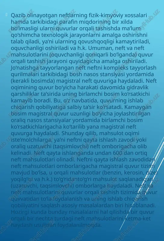 nadi. bunday bogmanishda nasoslarning suv uzatishlari teng, bosimlari esa har bir nasos bosimi yig‘indiisga teng bomadi, ya’ni q = qr=qn va h = hi+nts ana shu qoida asosida o‘zgarmas suv uzatish miqdorlarida nasoslarning bosimlari qiymatlarini qo‘shib, umumiy bosim xarakteristikasi hi+nts tuziladi (4.13-rasm). 4.13-rasmda ikkita har xil nasoslarning hi, tii, va nts, li xarakteristikalari va ulaming ketma-ket ulanishidagi umumiy xarakteristikasi hj+hn keltirilgan. ketma-ket ulangan nasoslarning haqiqiy ish tartibi hi+nts xarakteristikani quvurlar tizimining xarakteristikasi h,r kesishgan ishchi nuqta a koordinatalari bilan belgilanadi. yuqoridagi parallel va ketma-ket ulash bo'yicha keltirilgan misollarda nasoslar bir- biriga yaqin joylashgan holdagi sxemalar ko‘rib chiqildi. agar nasoslar oraligm uzoq bo‘lib, £ masofada bog‘lovchi quvurlar bilan ulansa, u holda bogmovchi quvurdagi bosim isroflarini birinchi nasos xarakteristikasidan ayirib, keyin ikkinchi nasos xarakteristikasiga qo‘shilishini e’tiborga olish zarur  so‘rish quvurining boshlangmch qismiga qopqoq o‘rnatish. nasos qurilmasining (5.1-rasm) so'rish quvuri boshlangmch qismiga pastki qopqoq pk o'm atib, uni yurgizishdan avval bosimli quvurdan …