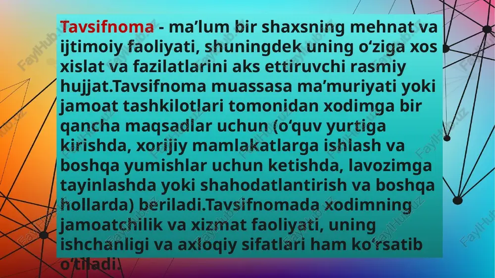 ilayotganligi ko‘rsatiladi.tavsifnoma xodimning qo‘liga topshiriladi yoki uni shaxsan xabardor qilgan holda, tavsifnomani talab qilgan muassasaga jo‘natiladi. 12/5/2023 sample footer text 8 tavsiyanoma tavsiyanoma ma’muriyat yoki alohida shaxs tomonidan berilishi mumkin. tavsiyanoma matnida tavsiya qilinayotgan shaxsning xususiyatlari – mutaxassis sifatidagi malakasi, oilaviy, axloqiy jihatlari va faoliyatiga baho beriladi, u tavsiya etilayotgan lavozim yoki tashkilotga a’zo bo‘lishga munosib ekanligi yuzasidan ishonch bildiriladi. 12/5/2023 sample footer text 9 tavsiyanoma ba’zi xususiyatlarga ko‘ra tavsifnomaga o‘xshaydi, shu sababli ularning ko‘pchiligi tavsifiy-tavsiyanoma shaklda bo‘ladi. ular orasidagi asosiy farq shundaki, tavsifnomalarda shaxsningbarcha ijobiy, salbiy xususiyatlari qayd qilinadi. tavsiyanomalarda esa uning ijobiy xususiyatlari ko‘rsatilishi bilan birga, keyinchalik uning zimmasiga yuklatiladigan vazifani bajara olishiga ishonch bildiriladi va tavsiya etiladi. 12/5/2023 sample footer text 10 tavsiyanomaning asosiy zaruriy qismlari: 1.hujjatning nomi (tavsiyanoma) 2.matn 3.tavsiyanoma beruvchi shaxsning lavozimi, ismi, otasining ismi, familiyasi 4.imzo 5.sana. 12/5/2023 sample footer text 11 tarjimai hol ma’lum bir shaxs tomonidan o‘z shaxsiy hayoti va foliyati haqida …
