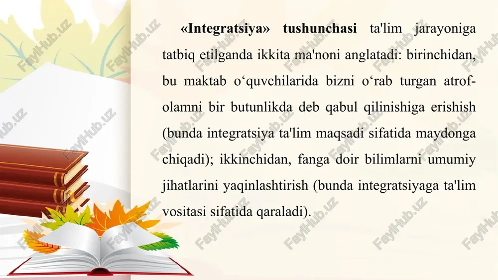ida ana shu haqda fikr yuritiladi. ob'ektga doir integratsiya: bunda bir ob'ektning turli fanlardagi timsollari bir mavzu, bo‘lim yoki kurslarga (yer, suv, havo, oziq-ovqat va boshqa) kiritiladi. tushunchaga oid integratsiya: bunda umumiy tushuncha (energiya, harakat, modda, axborot va boshqalar)lar mazmunini ochib beradigan mavzu yoki kurslar qamrab olinadi. nazariyaga oid integratsiya: u fizika, kimyo, biologiyadagi kvant nazariyasi; biologiya, kimyo, astronomiya, texnika, sotsiologiyadagi evolyusion nazariyaga asoslanadi. metodologik integratsiya: u falsafa metodologiyasi kabi ilmiy bilishning alohida metodlariga taalluqli integratsiya bo‘lib, ularga tizimli yondashuvning qo‘llanilishi va uning mohiyati, tabiatshunoslikka oid muammolarning qo‘yilishi va ularning hal etilishi; fandagi tushuntirish va prognoz qilish; kuzatish, tajriba, modellashtirishning tuzilish mohiyati va qo‘llanilishi kabilar kiritiladi. muammoli integratsiya: u turli kenglik darajasidagi fanlararo muammolarni qamrab oladi (atrof-muhitni muhofaza qilish, giyohvandlikka qarshi kurashish va boshqalar). faoliyatga oid integratsiya: munozara, guruhlar tarkibida ishlash, fanlararo reja va loyihalar tuzish va boshqalar. amaliy integratsiya: turli jarayon yoki texnik mahsulotlarni har tomonlama ko‘rib chiqish, antibiotiklar, …
