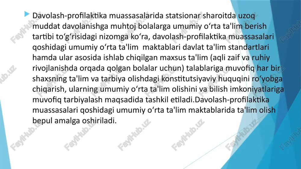 orqada qolgan bolalar uchun) maxsus ta'lim talablariga muvofiq bilim olishlarini ta'minlash; ta'lim berish jarayonida o‘quvchilarning sog‘lig‘ini himoyalovchi dars jadvaliga rioya etilishini ta'minlash. davolash-profilaktika muassasalari qoshidagi umumiy o‘rta ta'lim maktablar tibbiy ko‘rsatmalarga ko‘ra, davolash-profilaktika muassasalarida statsionar sharoitda 30 kun va undan ortiq davr mobaynida davolanayotgan maktab yoshidagi bolalar uchun tashkil etiladi o‘quvchilar qoraqalpog‘iston respublikasi xalq ta'limi vazirligi, toshkent shahar xalq ta'limi bosh boshqarmasi va viloyatlar xalq ta'limi boshqarmalari tegishliligi bo‘yicha qoraqalpog‘iston respublikasi sog‘liqni saqlash vazirligi, toshkent shahar sog‘liqni saqlash bosh boshqarmasi va viloyatlar sog‘liqni saqlash boshqarmalarining buyrug‘i bilan davolash-profilaktika muassasalari yaqinidagi umumiy o‘rta ta'lim maktablariga biriktiriladi va davolash-profilaktika muassasalari qoshida o‘rnatilgan tartibda umumiy o‘rta ta'lim maktablari tashkil etiladi. davolash-profilaktika muassasalari qoshidagi umumiy o‘rta ta'lim maktablari ixtisoslashuviga muvofiq quyidagi turlarga bo‘linadi: i - sil kasalligi va uning shakllariga chalingan bolalar uchun davolash-profilaktika muassasalari qoshidagi umumiy o‘rta ta'lim maktablari; ii - tayanch tizimi kasalliklari va ularning asoratlariga chalingan bolalar uchun davolash-profilaktika muassasalari qoshidagi …