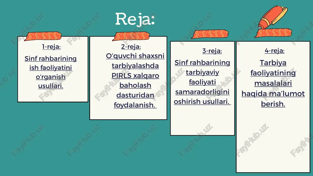 bilan yondoshish va mustaqil o’qish qobiliyatini tarbiyalaydi; bolalarning estetik qiziqishlari va badiy didini o’stiradi. ko'rsatmalar sinf rahbari tarbiyalanuvchilari manfaatlari uchun yashashi kerak. o'qituvchi o'z ishiga "ruhsiz" rasmiy ravishda yondashganda, bolalar o'zlarini juda yaxshi his qilishadi. ular befarq odamni ochishni va unga ishonishni xohlamaydilar. 1-qadam o'quvchilaringizning oilalari bilan yaxshi, ishonchli munosabatlarni o'rnating. bolaning ta'lim muassasasi devorlari tashqarisida qanday hissiy muhitda bo'lishini bilishingiz kerak: u bilan ota-onasi o'rtasida o'zaro tushunish va ishonch bormi, uni sevishadimi, unga nisbatan jismoniy yoki psixologik zo'ravonlik ishlatiladimi. 2-qadam 1 2 3-qadam bolalarning sinfdan tashqari ishlarini diqqat bilan rejalashtiring, ularning fikrlarini inobatga oling. agar bolalar tabiatni yaxshi ko'rsalar, sinfda va maktab hovlisida ko'kalamzorlashtirish bilan tez-tez sayr qiling. va agar ular sportni yaxshi ko'rsalar, boshqa bir sinfni sport estafetasida qatnashishga taklif qiling yoki bolalar uchun harbiy sport lagerlarini tashkil qiling. 4-qadam shuningdek, sinf rahbari bolalarni turli to'garaklar va bo'limlarga yozilishga undashi kerak. buning uchun siz qo'shimcha ta'lim o'qituvchisi bilan …