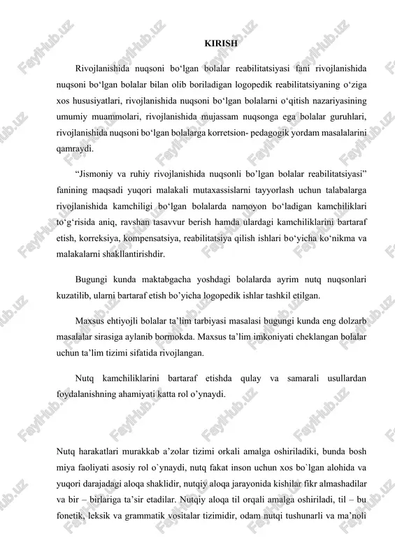 dan foydalanishning ahamiyati katta rol o’ynaydi. nutq harakatlari murakkab a’zolar tizimi orkali amalga oshiriladiki, bunda bosh miya faoliyati asosiy rol o`ynaydi, nutq fakat inson uchun xos bo`lgan alohida va yuqori darajadagi aloqa shaklidir, nutqiy aloqa jarayonida kishilar fikr almashadilar va bir – birlariga ta’sir etadilar. nutqiy aloqa til orqali amalga oshiriladi, til – bu fonetik, leksik va grammatik vositalar tizimidir, odam nutqi tushunarli va ma’noli bo`lishi uchun nutq a’zolarining xarakatlari aniq va to`g’ri bo`lishi kerak . nutq talaffuzi mexanizmi harakatini tushunish uchun nutq apparatining tuzilishini yaxshi bilish zarur. nutq buzilishlari uzoq yillar davomida o`rganilib kelayotgan sohadir. nutq normasi deganda nutq faoliyati jarayonidagi til ishlatilishining umumiy qabul qilingan variantlari tushuniladi. nutqning normal faoliyati holatida uning psixofiziologik mexanizmlari saqlangan bo`ladi. nutq buzilishlari gapiruvchi shaxsning ma’lum til muhitida qabul qilingan, nutq faoliyati normal holda ishlayotgan psixofiziologik mexanizmlarning zaiflashuviga bog’liq holda til normalaridan chetlashuvi bilan belgilanadi. kommunikativ nazariya nuqtai nazaridan qaraganda, nutq buzilishlari bu …