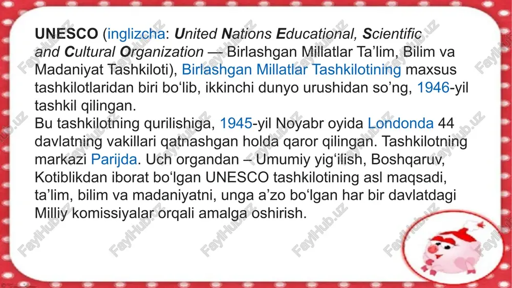 eti aʼzomamlakatlar badallaridan tashkil topadi. tashkilot faoliyatining asosiy yoʻnalishlari yalpi savodsizlikka qarshi kurash, maorif tizimi va kadrlar tayyorlashni rivojlantirish, milliy madaniyatlarni oʻrganish va tarqatish, atrof muhitni va madaniy yodgorliklarni muhofaza qilish, okeanografiya, geol., gidrologiya, sotsiologiya, kommunikatsiya va boshqalar sohalarda global ilmiy muammolarni hal etishda hamkorlik qilishdan iborat. axborot va informatika – kommunikatsiya masalalari uning faoliyatida katta oʻrin egallaydi. tashkilotga aʼzo mamlakatlarda unesco ishlari boʻyicha milliy komissiyalar tuzilgan. unesco ana shu komissiyalarga tayanib ish olib boradi. oʻzbekiston respublikasining unesco ishlari boʻyicha milliy komissiyasi 1994-yil 29-dekabrda tashkil etilgan boʻlib, uning tarkibi oʻzbekiston respublikasi vazirlar mahkamasi tomonidan tasdiqlangan. bosh konferensiya unesconing oliy organi hisoblanadi. 2-yilda 1 marta uning sessiyalari oʻtkaziladi. sessiyalar oraligʻida ijroiya kengashi (unga 58 davlat, jumladan, oʻzbekiston 1997-yil oktyabr da aʼzo etib saylangan) ish olib boradi. ijroiya kengashi har-yili 2 marta yigʻiladi. uning 155-sessiyasining yakuniy yigʻilishi toshkent shahrida boʻlib oʻtgan (1998-yil 6-noyabr). tashkilot qarorgohi parijda, bosh direktor (konchiro, matssura, 1999-yildan) boshchilik …