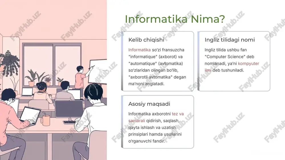 paydo bo‘lishi kompyuterlarning tezligi oshib, o‘lchamlari kichrayishiga va dasturiy ta’minotning jadal rivojlanishiga olib keldi. 4 kompyuter tuzilishi asoslari protsessor (cpu) kompyuterning "miyasi" bo‘lib, barcha hisoblash va mantiqiy amallarni bajaradi. xotira tezkor xotira (ram) — joriy ishlayotgan dasturlar va ma’lumotlarni vaqtincha saqlaydi. doimiy xotira (hdd/ssd) — ma’lumotlarni doimiy saqlaydi. kirish-chiqish qurilmalari klaviatura, sichqoncha, mikrofon (kirish) va monitor, printer, dinamik (chiqish) kabi qurilmalar. dasturiy ta’minot operatsion tizimlar (windows, macos, linux) kompyuter resurslarini boshqaradi. amaliy dasturlar foydalanuvchining turli vazifalarini bajaradi. 5 axborot texnologiyalari va ularning rivojlanishi axborot texnologiyalari (at) — bu ma’lumotlarni yig‘ish, saqlash, qayta ishlash, uzatish va himoya qilish uchun qo‘llaniladigan usullar, qurilmalar va dasturiy vositalar majmuidir. at insoniyat jamiyatining barcha jabhalariga chuqur kirib borgan. premexanik davr qo‘lda hisoblash va ma’lumotlarni yozish. mexanik davr mexanik hisoblagichlar va analitik mashinalar. elektromexanik davr elektr quvvatidan foydalangan hisoblash mashinalari. elektron davr zamonaviy kompyuterlar, internet va sun’iy intellekt. internet va tarmoqlar axborot almashinuvida misli ko‘rilmagan inqilob …