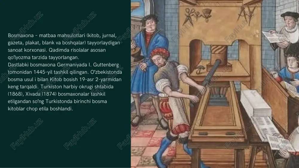 lib yevropaning 250 shahrida bosmaxona boʻlgan. bosmaxona ishlarining rivojlanishi tufayli kitob umumiy siyosiy hayotda va madaniyatning rivojlanishida muhim rol oʻynadi. 1600-yillarda birinchi gazeta, 1650-yillarda birinchi varaqa bosilib chiqdi. kitob bosishning keyingi rivojlanishiga litografiya (toshbosma) (1798) va tekis bosma mashinasi (1811) ning ixtiro qilinishi sabab boʻldi. gazeta zamon oʼzgaryapti, dunyo shiddat bilan taraqqiyot tomon yuz tutyapdi. bu jarayonda bosma ommaviy axborot vositalarining taqdiri nima boʼlishi koʼpchilik qatori meni ham oʼylantiradi. chunki bugun koʼpchiligimiz, ayniqsa, biz – yoshlar gazeta yoki kitob oʼrniga vaqtimizni telefon bilan band qilishga oʼrganib qolyapmiz. gazeta – bu shunchaki yangilik tarqatuvchi vosita emas. u ijtimoiy fikr shakllanishiga xizmat qiluvchi, jurnalistik tahlil, muallif fikri, chuqur yondashuvni o‘zida mujassam etgan axborot manbai. gazetalar orqali voqealar keng kontekstda, tarixiy, siyosiy va ijtimoiy tahlillar bilan yoritiladi. u bugungi tezkor, ammo ko‘pincha yuzaki xabarlar oqimidan farqli ravishda chuqur mushohada, tahlil va bahs-munozaraga asoslanadi. gazetalar nomlari o‘zbekiston ssr tashkil bo‘lganidan keyin, 1925 yildan aholining …