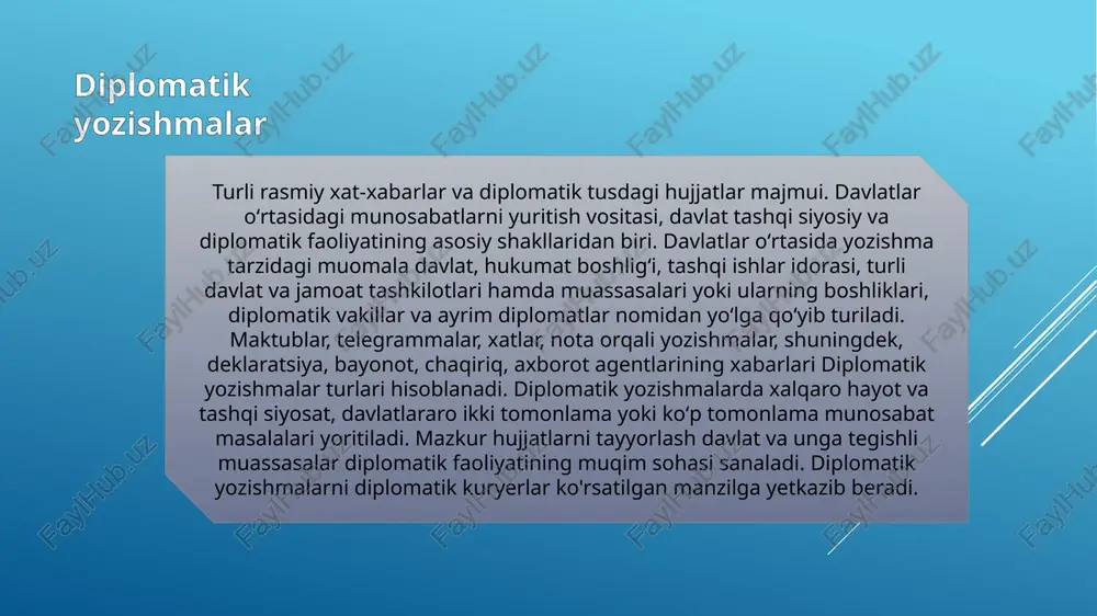 siya federatsiyasi rossiya elchixonasining rossiyadagi elchixonasining rossiyadagi elchixonasida yuqori hurmatni davom ettirish uchun ishdan zavqlanadi), imzolanmagan (faqat elchixona rahbarining bosh harflari bo’lishi mumkin), ammo u muhr bilan mahkamlanadi va ostidagi xonada joylashgan joy, uning joylashuvi va uning joyidir. diplomatik notalar diplomatik yo’zishmaga oid hujjatning bir turi. verbal va shaxsiy d.n.larga boʻlinadi. diplomatik tajribada koʻproq verbal nota qoʻllaniladi. shaxsiy d.n. muhim, jiddiy muammolarga bagʻishlanadi yoki biron-bir voqea toʻgʻrisida rasmiy axborot tarzida yuboriladi. d.n. diplomatik protokol talablariga binoan yoki shaxsiy d.n.ga javob tarikasida ham yoʻllanadi, u imzo chekuvchi nomidan 1-shaxs feʼlida tuzilgan xat shaklida nota blankasiga bosilib, manzil koʻrsatiladi, ammo muhr bosilmaydi. xalqaro diplomatik amaliyotda d.n.lar ayirboshlash xalqaro shartnomalar tu-zishning shakllaridan biri sanaladi. shaxsiy notalarning yuborilish sabablari #ishonch yorliqlarini topshirish; #elchixona, vakolatxonalarning ochilishi munosabati bilan; #davlatning tashkil topgan yoki mustaqillik e’lon qilingan kuni bilan qutlash; #milliy bayramlar munosabati bilan qutlash; #prezidentlik saylovi yoki referendum munosabati bilan qutlash; #mamlakatda ro‘y bergan muhim ijtimoiy …