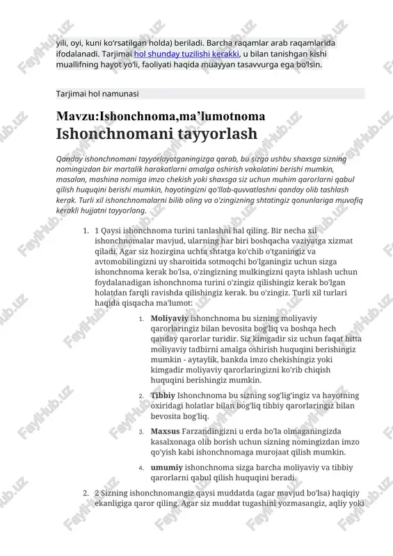 alik harakatlarni amalga oshirish vakolatini berishi mumkin, masalan, mashina nomiga imzo chekish yoki shaxsga siz uchun muhim qarorlarni qabul qilish huquqini berishi mumkin, hayotingizni qo'llab-quvvatlashni qanday olib tashlash kerak. turli xil ishonchnomalarni bilib oling va o'zingizning shtatingiz qonunlariga muvofiq kerakli hujjatni tayyorlang. 1. 1 qaysi ishonchnoma turini tanlashni hal qiling. bir necha xil ishonchnomalar mavjud, ularning har biri boshqacha vaziyatga xizmat qiladi. agar siz hozirgina uchta shtatga ko'chib o'tganingiz va avtomobilingizni uy sharoitida sotmoqchi bo'lganingiz uchun sizga ishonchnoma kerak bo'lsa, o'zingizning mulkingizni qayta ishlash uchun foydalanadigan ishonchnoma turini o'zingiz qilishingiz kerak bo'lgan holatdan farqli ravishda qilishingiz kerak. bu o'zingiz. turli xil turlari haqida qisqacha ma'lumot: 1. moliyaviy ishonchnoma bu sizning moliyaviy qarorlaringiz bilan bevosita bog'liq va boshqa hech qanday qarorlar turidir. siz kimgadir siz uchun faqat bitta moliyaviy tadbirni amalga oshirish huquqini berishingiz mumkin - aytaylik, bankda imzo chekishingiz yoki kimgadir moliyaviy qarorlaringizni ko'rib chiqish huquqini berishingiz mumkin. 1. tibbiy …