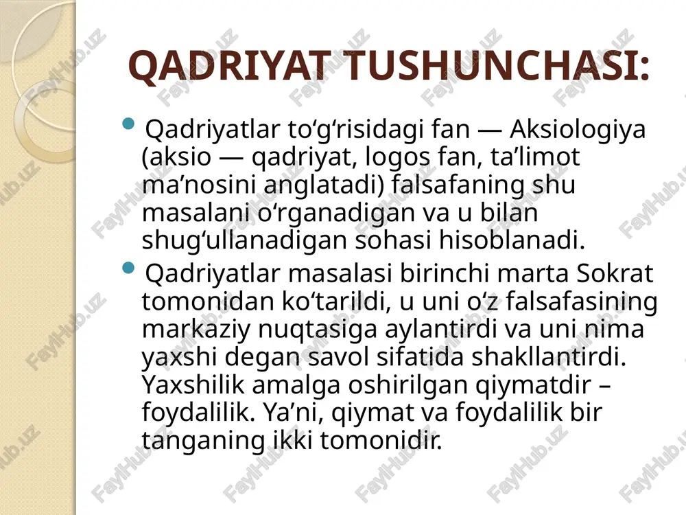 qadriyatlar majmuasini jahon tizimining teng huquqli va haqiqiy qismiga aylantiradi. qadriyat o‘zi nima? qadriyat narsa va buyumlarning qimmatiga nisbatan qo‘llanilmasdan, balki inson uchun biror ahamiyatga ega bo‘lgan voqelikning shakllari, holatlari, narsalar, voqealar, hodisalar, jarayonlar, holatlar, sifatlar, talab va tartiblar va boshqalarning qadrini va ijtimoiy ahamiyatini ifodalash uchun ishlatiladigan falsafiy kategoriyadir qadriyatning ob’yekti va sub’yekti qadriyatshunoslikda qadriyat tushunchasi bilan bu tushuncha bog‘langan ob’yekt o‘rtasida farq bor, deb qaraladi. agar qadriyat berilgan qadrni ifodalaydigan falsafiy tushuncha sifatida qaralmasa, unga ta’riflarning son-sanoqsiz bo‘lishi aniq. qadriyatlar va ijtimoiy jarayonlar. odamlar bitta jamiyatda, bir davrda va o‘xshash sharoitlarda yashayotganliklariga qaramasdan, u yoki bu narsaning qadri turlicha anglab olinadi, tushuniladi va talqin qilinadi. ijtimoiy jarayonlar ta’sirida kishilarning qadriyatlar to‘g‘risidagi tasavvuri, qarashlari o‘zgaradi, bu esa taraqqiyot jarayonida odamlarning turmush sharoitlari, hayoti va ma’naviy qiyofasidagi o‘zgarishlar bilan bog‘liqdir. qadriyatlarning namoyon bo‘lish shakllari. mavjudlik nuqtai nazaridan shakli moddiy ma’naviy 10 insoniyat hayotidagi ahamiyatiga ko’ra shakllari umuminsoniy milliy shaxsiy eng …