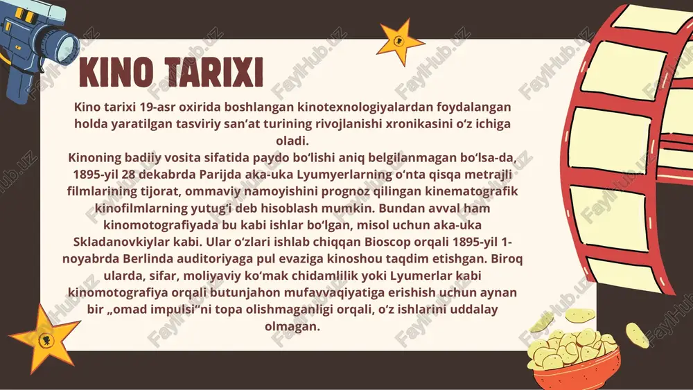oshladi. maxsus effektlar georges melièsning fantastik filmlari orqali ommalashgan. koʻpgina effektlarni teatr spektakllarida qoʻllash imkonsiz yoki amaliy boʻlmagan va bular „kino sehri“ orqali amalga oshirilgan. vaqt oʻtishi bilan raqamli ishlab chiqarish tobora mashhurlashib boraverdi, ayniqsa, 1990-yillardan boshlab real vizual effektlar va kompyuter animatsiyalarining rivojlanishi orqali kinosanoatda noodatiy va kreativ toʻliqmetrajli filmlarni ishlab chiqish imkoniyatlarini yaratib berdi. asta sekinlik bilan turli film janrlari paydo boʻla boshladi va vaqt oʻtishi bilan bu orqali darajadagi muvaffaqiyatlarga erishildi. bunga misol tariqasida, qo‘rqinchli filmlar (1890-yillardan boshlab), kinoxronikalar (1910-yillar va 1960-yillarning oxiri oraligʻida aqsh kinoteatrlarida keng tarqalgan), myuzikllar (asosiy 1960-yillardan beri) va pornografik filmlar (1970-yillarda oltin asrni boshdan kechirgan). 16-asrga kelib oʻz chiqishlarini rivojlantirish uchun tomosha koʻrsatuvchilar kamera-obskura va shu kabi boshqa proeksiyalash usullariga oʻxshash usullar orqali, arvohlar tasvirini koʻrsatishni boshlashgan. 17-asrning ikkinchi yarmiga kelib, bu anʼana rivojlanib borgan va oʻlim, mahluqlar va boshqa qoʻrqinchli shakllarni „sehrli fonarlar“ orqali namoyish etishga kirilishilgan. taxminan 1790-yillarda bu amaliyot …