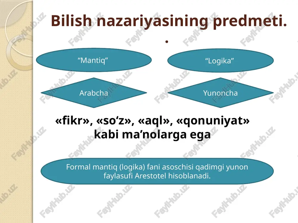 htirish mavhumlashtirish tafakkur shakllari tushsuncha hukm (mulohaza) xulosa chiqarish formula – a=a formula – a ham b, ham b emas bo’la olmaydi. formula – a yo b, yoki b emas bo’la olmaydi. formula – agar b mavjud bo‘lsa, uning asosi sifatida a ham mavjud. asoschisi - leybnis asoschisi - arestotel asoschisi - arestotel asoschisi - arestotel tafakkur shakllari 1. ayniyat 2. ziddiyat 3. istisno 4. yetarli asos qadimgi hindistonda mantiq ilmining rivojlanishi qadimgi hindistonda mantiq ilmining rivojlanishi uch davrni o‘z ichiga olgan: 1) ilk budda mantig‘i (er.av.vi – v asrlar); 2) n’yaya, vaysheshika maktabla-rining mantiqiy ta’limoti (er. iii – v asrlari); 3) budda mantig‘ining rivoj-langan davri (er. vi – viii asrlari). hind mantiqshunoslari bahs – munozarada nima isbotlanadi va qanday isbotlanayapti, degan masalaga asosiy e’tiborni qa-ratganlar. qadimgi yunonistonda mantiq ilmining rivojlanishi. qadimgi hindistonda shakllangan mantiq an’analari kadimgi gresiyada mantiq ilmining paydo bo‘lishiga ta’sir ko‘rsatgan. qadimgi grek falsafasida mantiq masalalari, dastlab, …