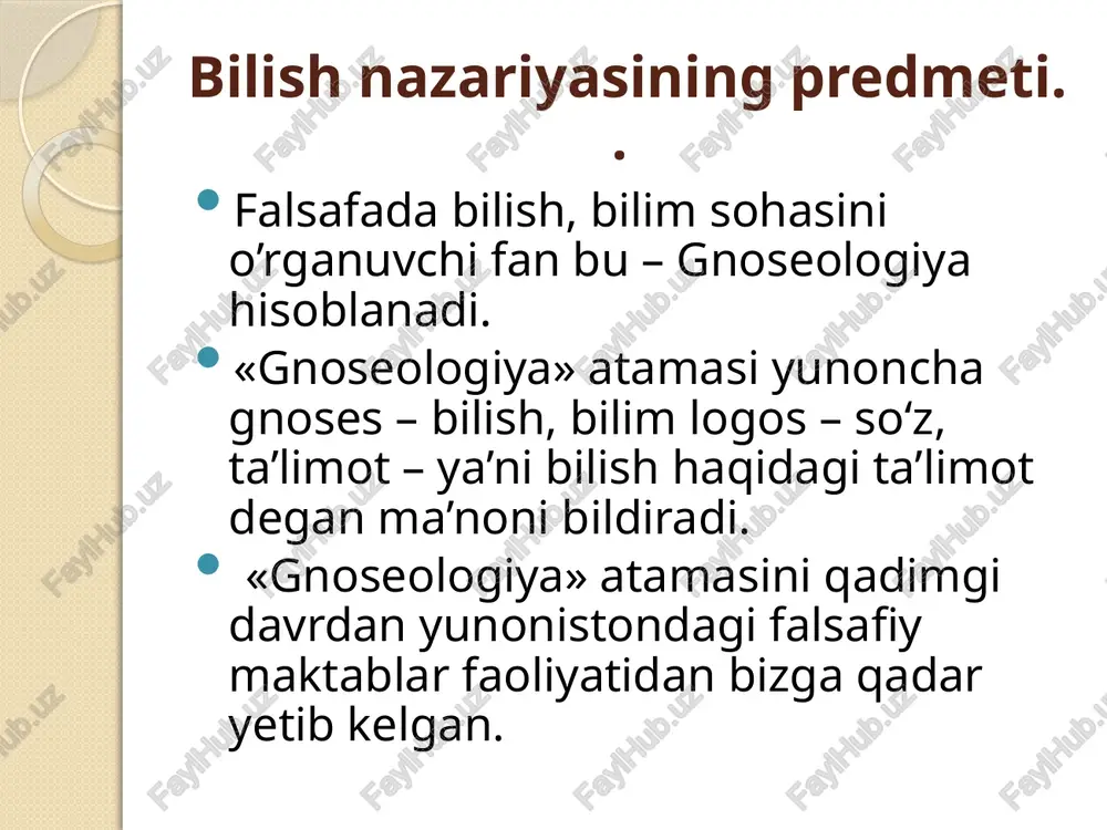li. agnostisizm – bilish faoliyati chegaralangam. bilish darajalari xissiy bilish, (5 ta bosqich – 1- sezgi, 2- idrok, 3-xotira, 4-tashavvur, 5-hayol) emperik bilish, (2 turi bor. 1-kuzatish, 2-eksperiment aqliy bilish, (mantiqiy amallar orqali bilish turi) intuitiv bilish (g’ayri tabiiy bilish turi) atamlar tuzilishi haqiqat – bilish nazariyasining bosh kategoriyasi. beruniy fikricha, haqiqat bilimning voqelikka muvofiqligidir. platon haqiqatni g‘oyalar dunyosiga mos keluvchi g‘ayritabiiy mustaqil ideal mohiyat sifatida tushungan. foma akvinskiy haqiqat yolg‘on narsalarda emas, balki aqlda mavjud bo‘ladi. bahovuddin naqshbandiy haqiqat bu allohni anglashdir deb hisoblagan. haqiqatni 2 turi farqlanadi. 1- nisbiy, 2- mutloq. amaliyot. turlari: moddiy ne’matlar yaratish; ijtimoiy-siyosiy faoliyat; ilmiy-amaliy faoliyat "metod" va "metodologiya" tushunchalari metod (yunon. metods — usul) keng ma’noda yo‘l, ijodiy faoliyatning har qanday shakli kabi ma’nolarni anglatadi. metodologiya tushunchasi ikki asosiy mazmunga ega — faoliyatda qo‘llaniladigan ma’lum usullar tizimi (fanda, siyosatda, san’atda va h.k.); tizim haqidagi ta’limot yoki metod nazariyasi. tushunish va uning bilish bilan …