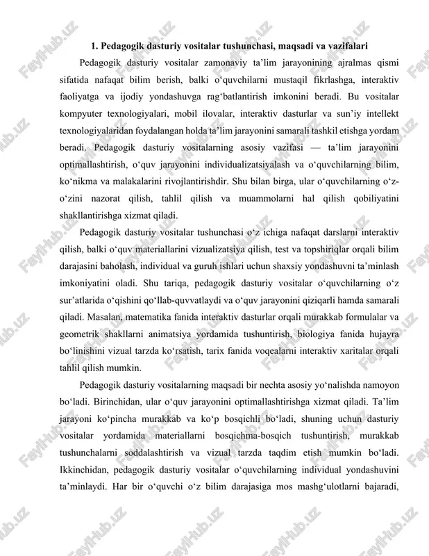 a murakkab va ko‘p bosqichli bo‘ladi, shuning uchun dasturiy vositalar yordamida materiallarni bosqichma-bosqich tushuntirish, murakkab tushunchalarni soddalashtirish va vizual tarzda taqdim etish mumkin bo‘ladi. ikkinchidan, pedagogik dasturiy vositalar o‘quvchilarning individual yondashuvini ta’minlaydi. har bir o‘quvchi o‘z bilim darajasiga mos mashg‘ulotlarni bajaradi, xatolarini aniqlaydi va o‘z sur’atida bilimini mustahkamlaydi. bu esa ta’lim jarayonini shaxsiylashtiradi va o‘quvchilarni faol ishtirok etishga undaydi. pedagogik dasturiy vositalarning uchinchi maqsadi — o‘quv jarayonini interaktiv va qiziqarli qilishdir. faqat ma’lumotni eslab qolishga emas, balki uni amaliyotga tatbiq etishga ham urg‘u beriladi. interaktiv dasturlar, testlar, simulyatsiyalar va animatsiyalar o‘quvchilarning diqqatini jamlaydi, bilimni mustahkamlash jarayonini rag‘batlantiradi va o‘quv jarayonini samarali qiladi. shu tariqa, pedagogik dasturiy vositalar o‘quvchilarning o‘z-o‘zini nazorat qilish, tahlil qilish va muammolarni hal qilish ko‘nikmalarini rivojlantirishga yordam beradi. pedagogik dasturiy vositalarning vazifalari esa aniq va amaliy jihatdan ko‘plab yo‘nalishlarni o‘z ichiga oladi. ular ta’lim jarayonini rejalashtirish, o‘quvchilarning bilim darajasini baholash, individual mashg‘ulotlarni yaratish, interaktiv materiallar tayyorlash, animatsiya …