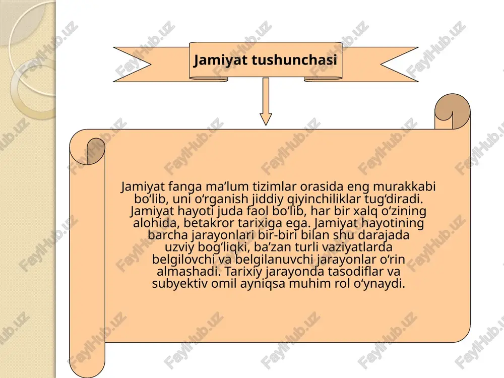 .a. sorokin taniqli faylasuf p.a.sorokin (1889-1968) tarix falsafasining rivojlanishiga kuchli ta’sir ko‘rsatdi. u jamiyatga individlar va ijtimoiy guruhlarning o‘z ehtiyoj- larini qondirishga qaratilgan faoliyati bilan belgilana- digan bir-biri va jamiyat bilan o‘zaro munosabatlari natija- sida vujudga keladigan integral yaxlitlik sifatida qaragan. p.a.sorokin jamiyatni gorizontal, vertikal yo‘nalishlarda va fluktuatsiya (tebranish) tarzida murakkab harakatda bo‘lgan ijtimoiy-madaniy tizimlarning rang-barangligini tan olish nuqtai nazaridan tavsiflagan. p.a.sorokin sotsiologiyasida o‘tmish va hozirgi sotsiologiya fanining muhim g‘oyalari uyg‘un birlikda jamlangan va ifodalangan. jamiyat tushunchasi jamiyat- ning vujudga kelishiga doir qarashlar jamiyatning vujudga kelishi haqida ajdodlarimiz hayotining arxeologlar topgan va odamlarning ko‘plab avlodlari bosib o‘tgan murakkab va fojialarga to‘la tarixiy yo‘ldan dalolat beradigan izlarga qarab xulosa chiqarish mumkin. shunga qaramay inson va jamiyat kelib chiqishining to‘liq manzarasi fanda hanuzgacha yaratilmagan.jamiyat kelib chiqishining diniy talqini ham (u o‘z mifologiyasini haqiqat deb tan olishni talab qiladi), idealistik konsepsiya (o‘zining spekulyativligi tufayli) va materializm (ilmiy dalillar yetarli emasligi bois) ham asosli …