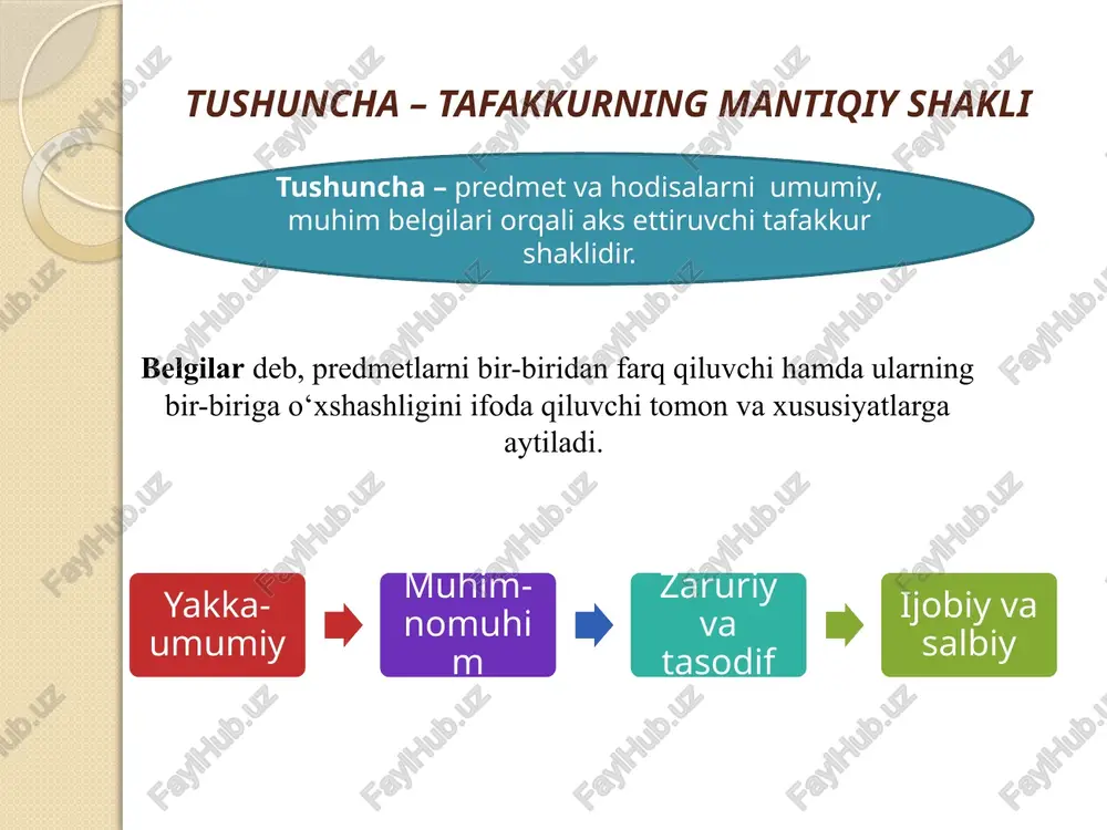 on» abstrakt tushunchalarda esa predmetning belgilari undan fikran ajratib olinadi - «qahramonlik» nisbatsiz tushunchalar nisbatan mustaqil, alohida mavjud bo‘lgan predmetlar – davlat. nisbatdosh tushunchalar zaruriy ravishda bir-birining mavjud bo‘lishini taqozo qiladigan predmetlar –sabab va oqibat. ijobiy tushunchalarning mazmunida predmet unga xos belgilar orqali fikr qilinadi – vijdonli kishi. salbiy tushunchalarning mazmunida predmet unga xos bo‘lmagan belgilar orqali fikr qilinadi – vijdonsiz kishi. tushunchalar o‘rtasidagi munosabatlar taqqoslanadigan tushunchalar taqqoslanmaydigan tushunchalar sig‘ishadigan sig‘ishmaydigan moslik, qisman moslik va bo‘ysunish birga bo‘ysunish, qarama-qarshilik, zidlik hukm hukm – predmetga ma’lum bir belgining (xossaning, munosabatning) xos yoki xos emasligini ifodalovchi tafakkur shaklidir. formulasi - s-p s- sub’yekt – fikr qilayotgan predmet. p- fikr qilanayotgan predmetning xususiyati. - mantiqiy bog’lama. hukmning turlari oddiy hukmlar - tarkibidan yana bir hukmni ajratib bo‘lmaydigan hukmdir. murakkab hukm - tarkibidan ikki yoki undan ortiq hukmni ajratish mumkin bo‘lgan hukm .murakkab hukm deyiladi hukmlar miqdor ko’ra turlari yakka juz’iy umumiy sifatiga ko’ra …