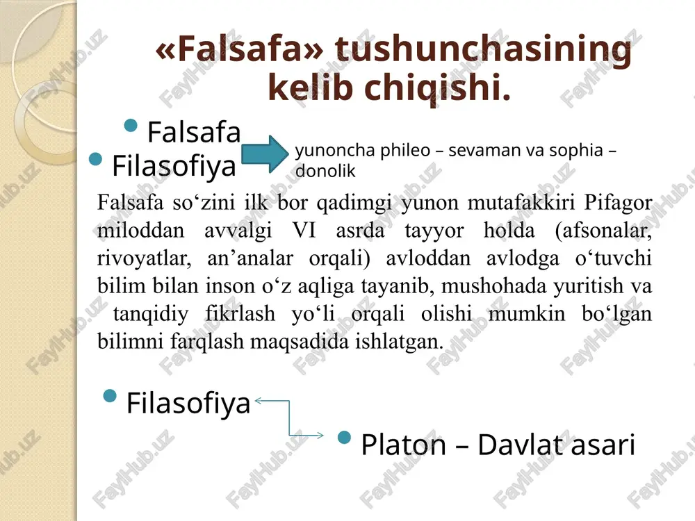 mdan ajratuvchi amaliy fan. (o.kont) pragmatizm – bilimni amaliy natijasiga, foydasiga ko’ra farqlash. (ch. pirsn) sinergetika – o’z-o’zini tashkillashtiruvchi tizimlar haqidagi fan. (prigojin) germenevtika – tushunish va tushuntirish haqidagi fan. (aleksandriyalik filo) dunyoqarashning mohiyati dunyoqarash – insonning o‘zini qurshagan borliqqa va o‘z-o‘ziga nisbatan yondashuvlar tizimi, shuningdek uning mazkur yondashuvlar bilan belgilangan hayotiy ideallari, e’tiqodlari, bilish va faoliyat tamoyillari, qadriyat va mo‘ljallaridir. dunyoqarash bu – kishilarning olam va uning o’zgarishi, rivojlanishi haqidagi ilmiy, falsafiy, siyosiy, huquqiy, axloqiy, estetik, diniy qarashlar tizimidir nigina shermuhamedova falsafa 2012-yil 12-bet ismoil saifnazarov falsafa 2021-yil 6-bet dunyoqarashni aniqlash testi masalan: 1. mo’ri mazkur shaklda nimalarni ko’ra oldingiz shu shakllarni 5 daqiqa ichida ketma-ketlikda yozing dunyoqarashning tuzilishi: 1. dunyoni sezish 2. dunyoni idrok etish 3. dunyoni tushunish dunyoni sezish– bu o‘zini qurshagan dunyoni sezgilar yordamida hissiy idrok etishdir. dunyoni idrok etish – bu atrof borliqni ideal obrazlarda tasavvur qilishdir. dunyoni tushunish – insonning va uni qurshagan dunyoning …