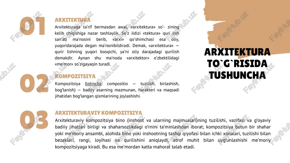 yoki dorian ordeni eng qadimgi yunon me'morchiligi tartibi hisoblanadi. uning shakllanishi miloddan avvalgi xiii-asr oxiri, xii-asr boshlarida egey dengizi havzasidagi xalqlarning koʻchishi bilan bogʻliq. bu nom afsonaviy dor yoki doros nomlaridan kelib chiqqan. yunonistonning markazida joylashgan kichik tog'li hudud hozir doris deb ataladi. miloddan avvalgi vi-asrda yevropa va osiyo tomonidagi egey dengizining qirgʻoqlari ilk dorian meʼmorchiligining paydo boʻlgan joyi va vaqti sifatida qayd etilgan. ion orderi ioni orderi — yunon meʼmorligida (mil. av. 5-asr) vujudga kelgan asosiy 3 orderlardan biri. yunonlarning ion kabilasi yaratgan, nomi ham shundan. ion orderining koʻrinishi sodda va nafis. oʻzbekistonda xix—xx-asrlarda yevropa uslubida qurilgan binolarning ustun (kolonna)lari ion orderi asosida ishlangan korinf orderi korinf ordeni - ion va dor ordenlari bilan bir qatorda qadimgi yunoniston va rimning uchta klassik meʼmoriy ordenlaridan biri. korinf orderi uchun xarakterli xususiyat - qo'ng'iroq naqshini aks ettiruvchi g'ayrioddiy poytaxt yoki stilize qilingan barglar bilan bezatilgan savat - buzoq (yunoncha kalados - …