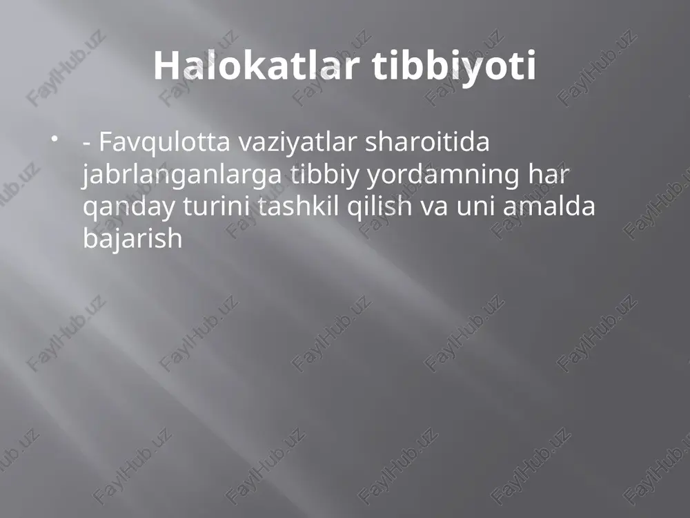 90-99%hollarda o'limga sabab bo'ladi. kasallik og'ir kechishi, harorat ko'tarilishi, limfa tugunlari va boshqa ichki a'zolar zararlanishi, sapsis yuzaga kelishi bilan xarakterlanadi. millonlab insonlarning barvaqt o'limiga sababchi bo'lgan. tif -yuqori harorat ko'tarilishi, odam psixikasining keskin o'zgarishi bilan kechuvchi o'tkir yuqumli kasallik. fanga qaytalanuvchi, qorin tifi, toshmali tif turlari mavjud. gripp - o'tkir respirator yuqumli kasallik. 2000dan ortiq antigenga ega turi mavjud. parranda grippicbo'chqa gripi, osiyo grippi. sil. bezgak ebola isitmasi yaqin sharqrespirator sindromi (mers cov, covid) - qandli diabet, buyrak yetishmovchiligi, o'pka kasalligi, immun tizimi zararlangan insonlar bu kasallikni yuqtirib olish ehtimoli yuqori. birinchi tibbiy yordam 0.5-1 soatgacha birinchi vrachgacha yordam 1.5soatgacha birinchi vrachlik yordami malakali tibbiy yordam 8 soatgacha ixtisoslashtirilgan tibbiy yordam 12-24soatgacha davolash diagnostika standartlari asosan 3 bosqichda amalga oshiriladi: 1. shifokor birinchi yordami (103 hizmati, qvp shifokorlari uchun sindrom bo'yicha yordam ko'rsatish va davolash. 2. tuman tibbiyot birlashmasi darajasida, malakali tibbiy yordam - xirurglar, terapevtlar, pediatrlar uchun. 3. …