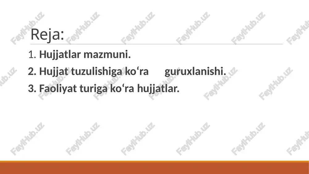 borotlar; shuning uchun bu tur hujjatlarga nisbatan ko’pincha “yozmoq” emas, balki “to’ldirmoq” so’zi ishlatiladi. shu o’rinda aytish kerakki, hujjatlarning qolipli turlarini kengaytirish ish yuritishni takomillashtirishdagi istiqbolli yo’llardan biridir. hujjatlar tegishlilik jihatiga ko’ra, xizmat yoki rasmiy hujjatlar va shaxsiy hujjatlarga ajratiladi. xizmat hujjatlari.tayyorlanishiga ko’ra tashkilot yoki mansabdor shaxslarga tegishli bo’lsa, shaxsiy hujjatlar yakka shaxslar tomonidan yozilib, ularning xizmat faoliyatlaridan tashqaridagi yoki jamoat ishlarini bajarish bilan bog’liq masalalarga tegishli bo’ladi (masalan, shaxsiy ariza, shikoyat va h.k). hujjatlarning tayyorlanish xususiyati va darajasi ham benihoya muhim. bu jihatiga ko’ra hujjatlar quyidagicha tasniflanadi: qoralama; asl nusxa; ikkinchi nusxa (dublikat); ko’chirma. aksar hujjatlar dastlab qoralama nusxada tayyorlanadi, bu hujjat muallifi, ya’ni tayyorlovchining qo’lyozma yoki dastlabki mashinkalangan nusxasidir. bu nusxa tuzatilib, qayta ko’chirilishi mumkin. hujjatlarning tayyorlanish xususiyati va darajasi ham benihoya muhim. bu jihatiga ko’ra hujjatlar quyidagicha tasniflanadi: qoralama; asl nusxa; ikkinchi nusxa (dublikat); ko’chirma. aksar hujjatlar dastlab qoralama nusxada tayyorlanadi, bu hujjat muallifi, ya’ni tayyorlovchining qo’lyozma …