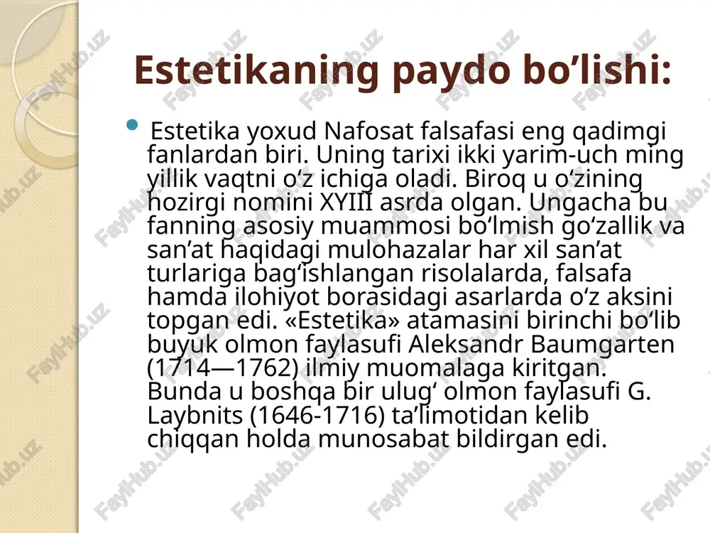 ish va ommaviy madaniyat darajasining yuksakligiga ham bog‘liq. bunday sharoitda xaridor o‘zining erkin tanlov imkoniyati bilan ishlab chiqarish taklif qilgan mahsulotni rad etishi va o‘z ehtiyojiga javob beradigan tovarni yuqori baholashi mumkin. texnogen sivilizatsiya - estetik faoliyat va estetik didni shakllantirishning muhim omilidir. ilmiy-texnikaviy taraqqiyotni insoniylashtirish va go‘zallashtirishn estetik muammolardan hisoblanadi. voqelikka estetik munosabatlar, milliy va umumbashariy ahamiyatga egadir. estetik qadriyatlar esa – barqarorlikni ta’minlovchi omil hisoblanar ekan,“dunyoni go‘zallik qutqaradi” shiori global ahamiyatga ega bo‘lib bormoqda. “go‘zal muhitda yashash oliy ne’mat” – estetikaning bosh tamoyilidir. san’at va uning turlari arxaik an’anaviy zamonaviy arxaik san’at turlari – qadimda mavjud bo’lgan bugungi kunga qadar yetib kelmagan san’at turlari: badixaguylik xattotlik an’anaviy san’at turlari qadimda paydo bo’lib hozirda ham yo’qolmagan san’at turlari: adabiyot musiqa teart zamonaviy san’at turlari yaqin o’tmishda paydo bo’lgan san’at turlari hisoblanadi. kino estrada rep image2.png image3.png image4.png image5.png image6.png image7.png /docprops/thumbnail.jpeg