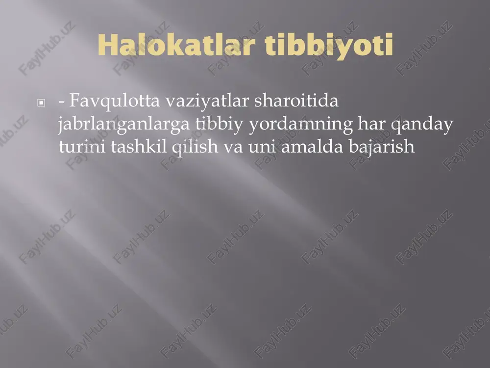 lib, davo muolajalarsiz 90-99%hollarda o'limga sabab bo'ladi. kasallik og'ir kechishi, harorat ko'tarilishi, limfa tugunlari va boshqa ichki a'zolar zararlanishi, sapsis yuzaga kelishi bilan xarakterlanadi. millonlab insonlarning barvaqt o'limiga sababchi bo'lgan. ▣ tif -yuqori harorat ko'tarilishi, odam psixikasining keskin o'zgarishi bilan kechuvchi o'tkir yuqumli kasallik. fanga qaytalanuvchi, qorin tifi, toshmali tif turlari mavjud. ▣ gripp - o'tkir respirator yuqumli kasallik. 2000dan ortiq antigenga ega turi mavjud. parranda grippicbo'chqa gripi, osiyo grippi. ▣ sil. ▣ bezgak ▣ ebola isitmasi ▣ yaqin sharqrespirator sindromi (mers cov, covid) - qandli diabet, buyrak yetishmovchiligi, o'pka kasalligi, immun tizimi zararlangan insonlar bu kasallikni yuqtirib olish ehtimoli yuqori. ▣ birinchi tibbiy yordam 0.5-1 soatgacha ▣ birinchi vrachgacha yordam 1.5soatgacha ▣ birinchi vrachlik yordami ▣ malakali tibbiy yordam 8 soatgacha ▣ ixtisoslashtirilgan tibbiy yordam 12-24soatgacha ▣ davolash diagnostika standartlari asosan 3 bosqichda amalga oshiriladi: ▣ 1. shifokor birinchi yordami (103 hizmati, qvp shifokorlari uchun sindrom bo'yicha yordam ko'rsatish …