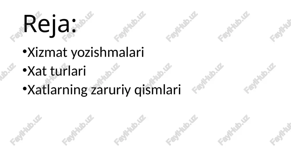 spublika tasniflagichi bo’yicha hujjatlarning xos raqami; 7 - muassasaning xos raqami; 8 - pochta, telegraf manzili, bankdagi hisob-kitob raqami; 9 - sana; 10- kelgan hujjat shartli raqami qo’yiladi; 11 - hujjatning kelish raqami qo’yiladi; 12 - hujjat jo’natiladigan manzil (adres ko’rsatiladi); 13 - munosabat belgisi ko’rsatiladi; 14 - nazorat haqida belgi qo’yiladi; 15 - matn sarlavhasi (xatning qisqacha mazmuni) ilova qilinadi; 16 - ilovalar haqida belgi qo’yiladi; 17 - imzo qo’yiladi; 18 - rozilik belgisi (viza) qo’yiladi; 19 - kelushuv haqidagi belgi qo’yiladi; 20 - bajaruvchi haqidagi belgi va uning telefon raqami qo’yiladi; 21 - bajarilganlik haqidagi belgi qo’yiladi. *** har qanday xizmat xati mantiqiy jihatdan o’zaro bog’liq bo’lgan uch qismdan iborat bo’ladi. 1- kirish qismida, odatda, xat bilan tegishli muassasaga murojat qilishga majbur etuvchi asosiy sabab ko’rsatiladi. 2-qismda xatda qo’yilayotgan masalani hal qilish zarurligi dalillar asosida bayon qilinadi. xatning uchinchi (xulosa) qismida esa xat yozishdan ko’zlangan asosiy maqsad ifodalanadi. …
